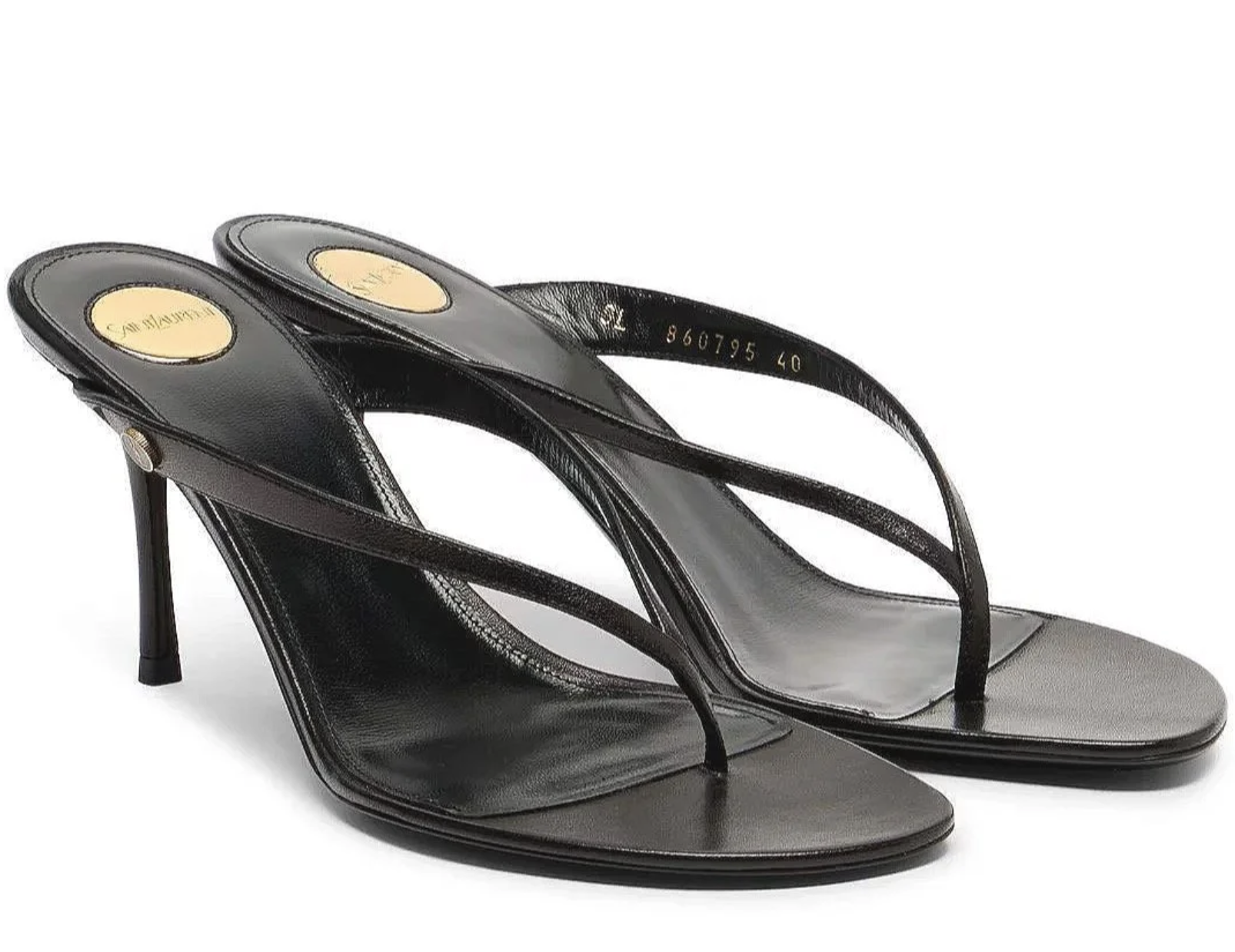 Black high-heeled sandals with thin straps and open toes, featuring a transparent side panel and a stiletto heel.