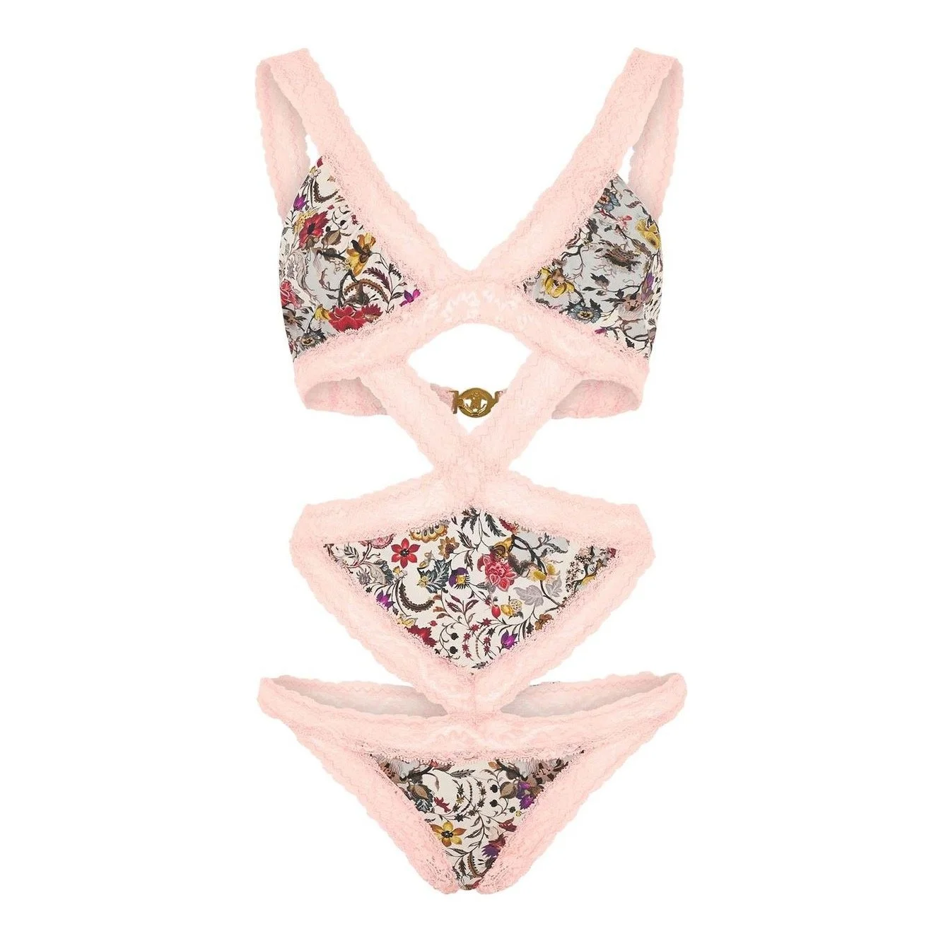 A lingerie set with floral patterned fabric and pink fuzzy trim, including a bra, panties, and other components, with a gold decorative element.