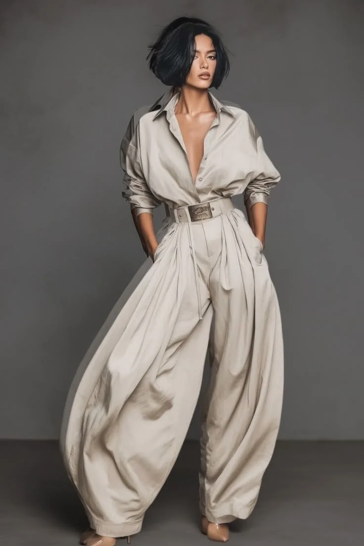 Woman with short black hair wearing a beige oversized shirt and high-waisted billowy pants against a gray background.