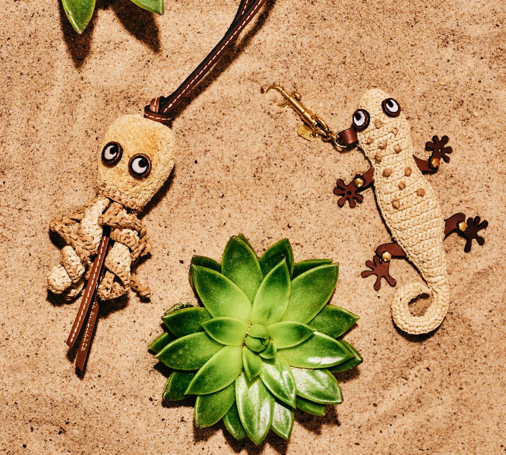 Two animal-shaped jewelry accessories on sandy ground with green succulent plants visible at top left and bottom center of the image.