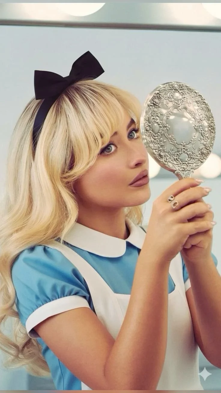 Woman with long blonde hair and a black bow in her hair, dressed in a blue and white uniform, holding a decorative hand mirror and looking into it.