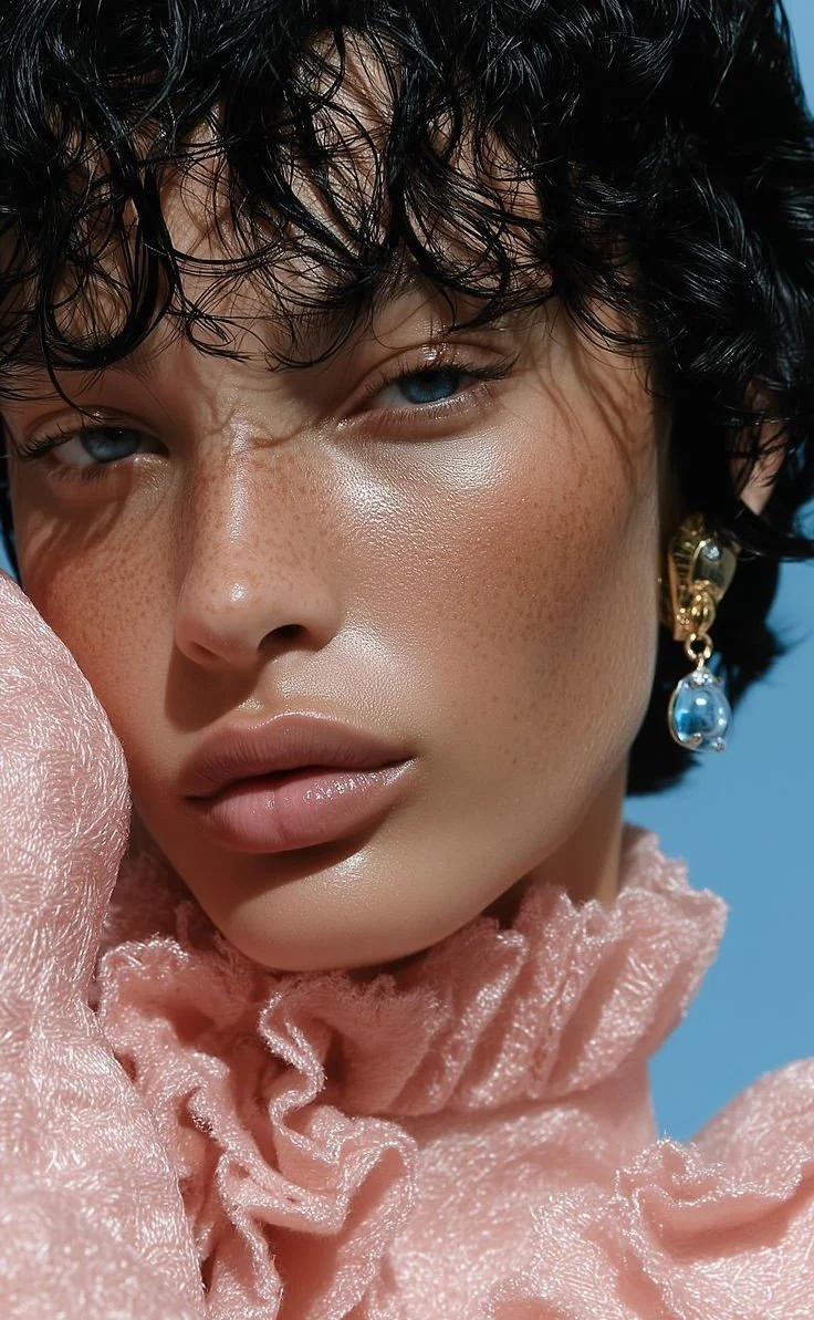 Close-up of a woman with wet black curly hair, blue eyes, and wearing a pink ruffled high-neck top along with a gold earring with a blue gemstone.