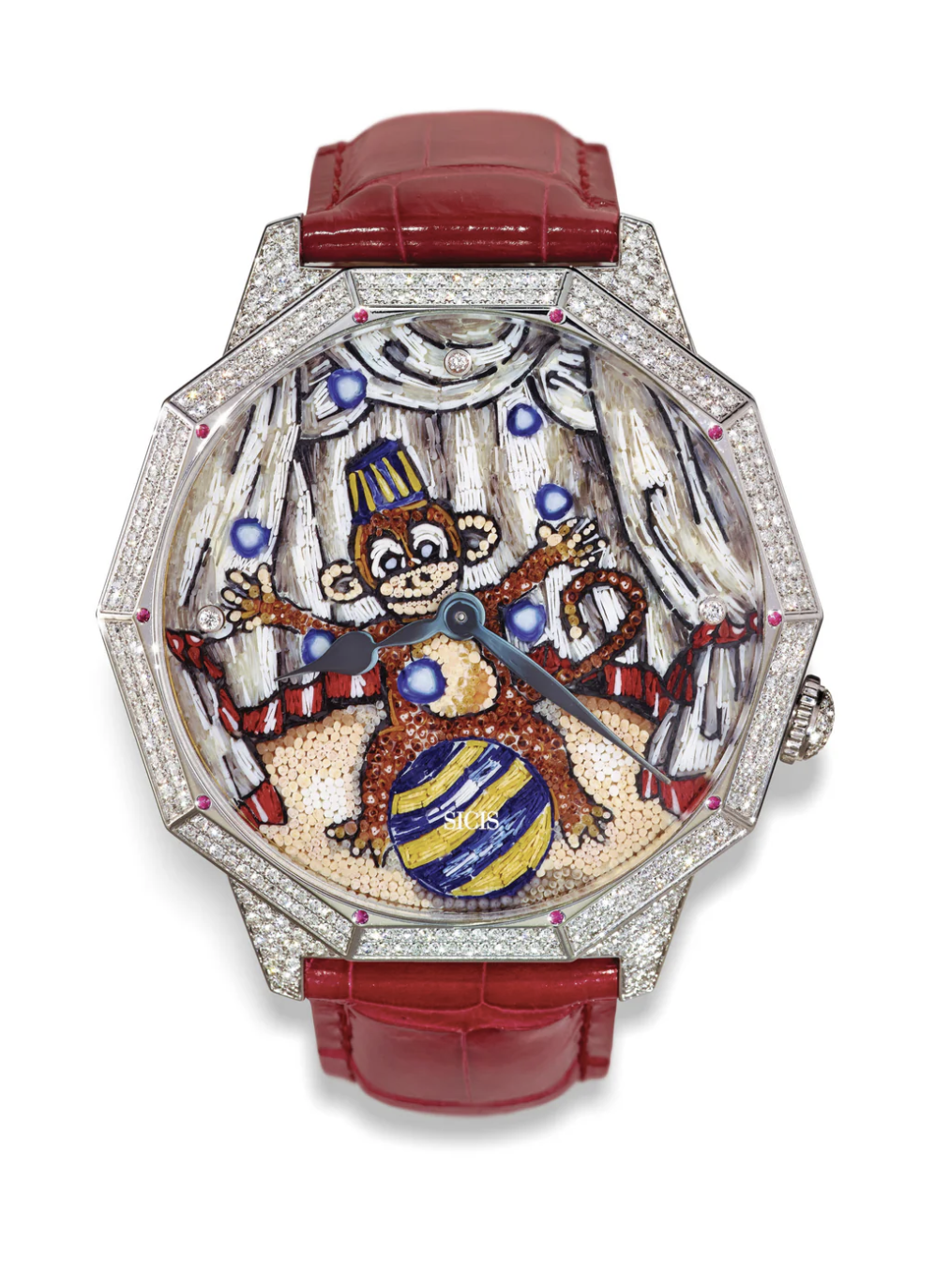 Luxury watch with a colorful, artistic face featuring a clown character with outstretched arms, a blue hat, and a yellow-and-blue ball, embellished with diamonds and gemstones, with a red leather strap.