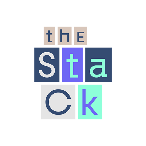 Grafische Darstellung des Wortes "the stack" mit unterschiedlich farbigen Buchstaben in verschiedenen Schriftgrößen