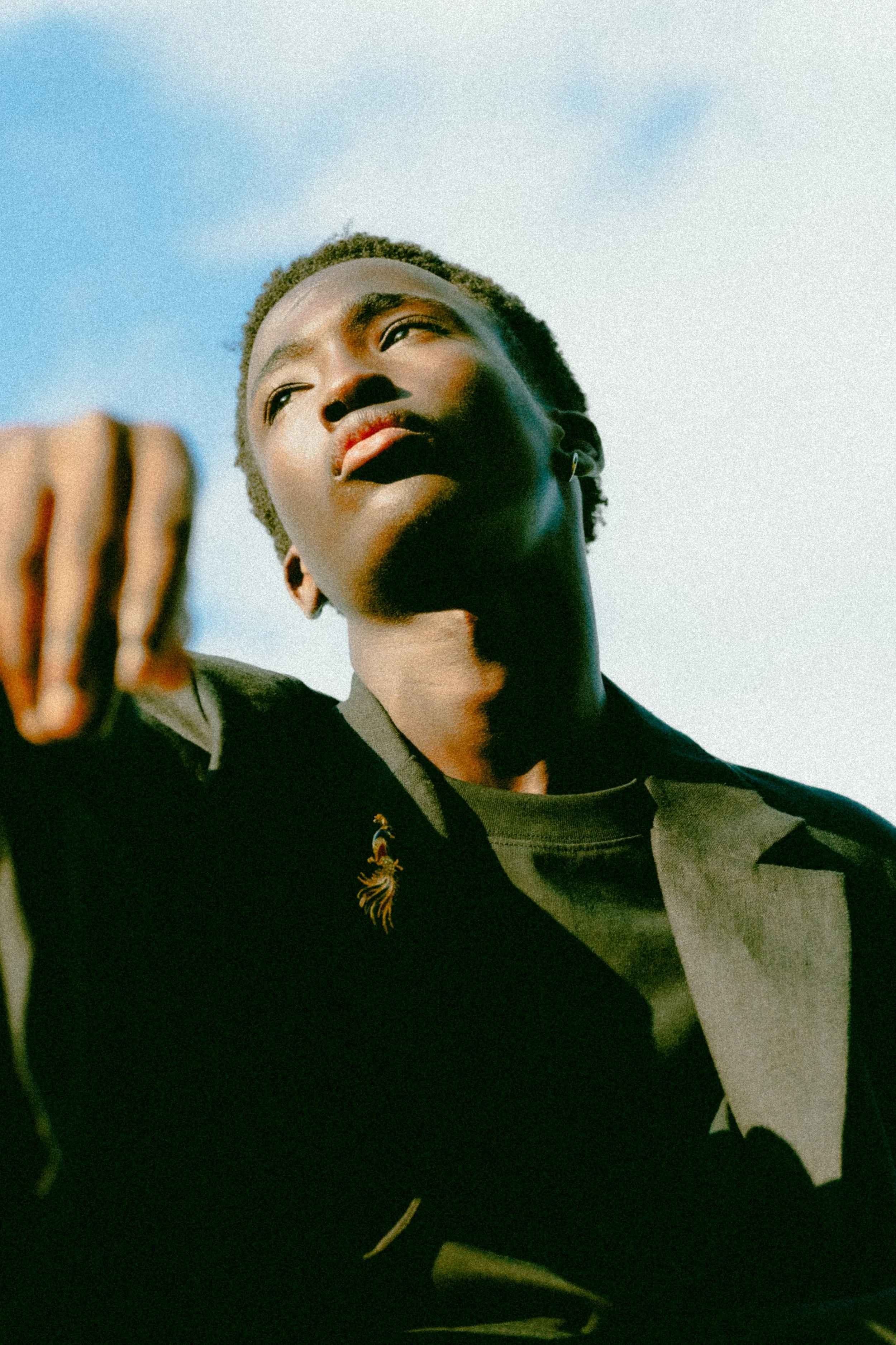 Porträt einer schwarzen Frau mit kurzen Haaren, die in die Kamera schaut und nach oben blickt, im Freien bei Tageslicht. Sie trägt schwarze Kleidung mit einem goldfarbenen Anstecker.