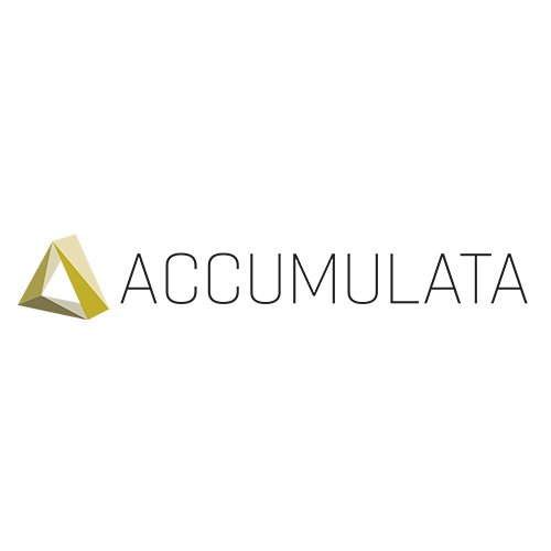 Logo der Firma Accumulata mit einem goldenen dreidimensionalen Dreieck und dem Firmennamen auf Schwarz.