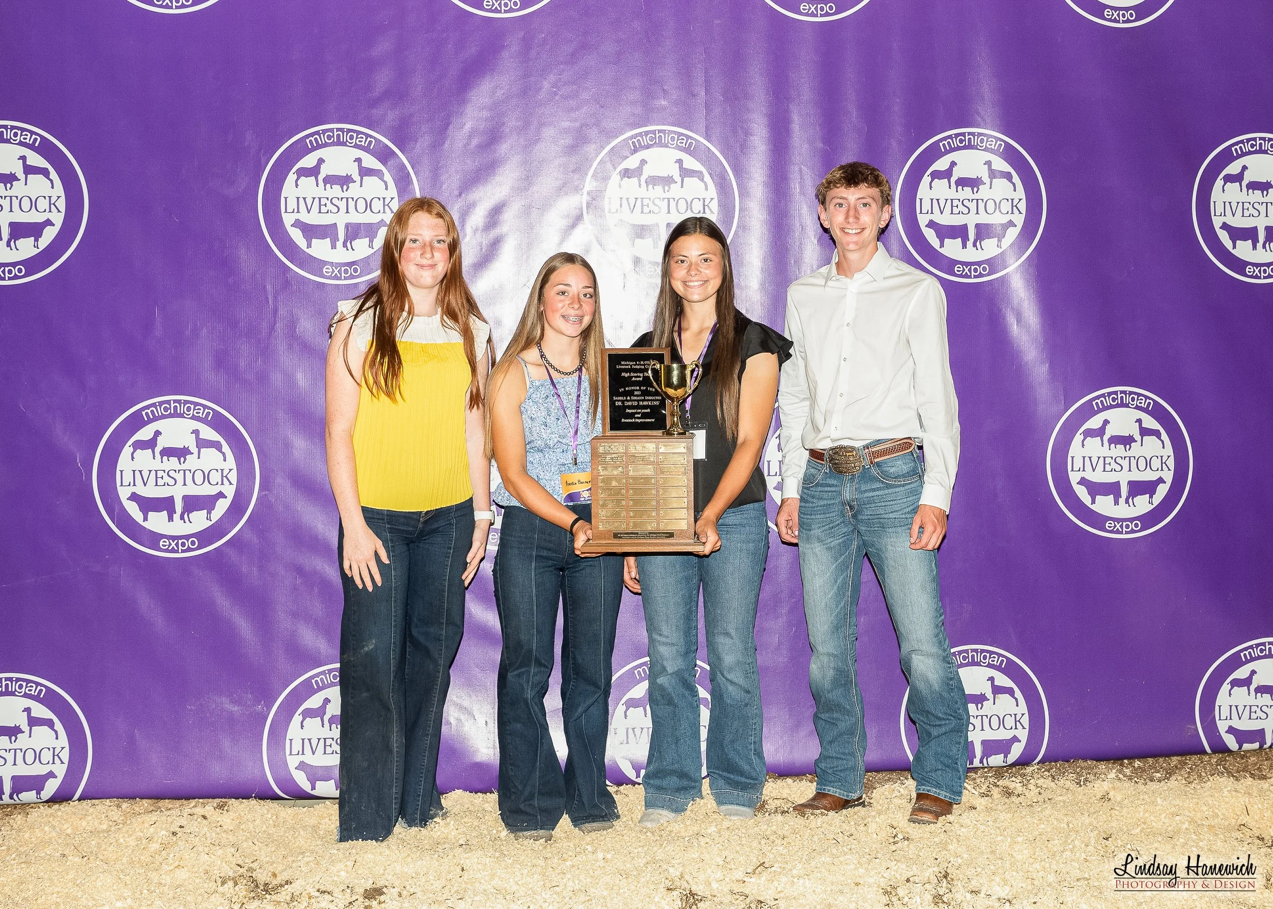2025 High Team 4-h Senior Division and winners of Dr. David Hawkins Award: Ingham County - Ellie Byers, Amelia Barnum, Sophia Barnum and Wesley Rogers.