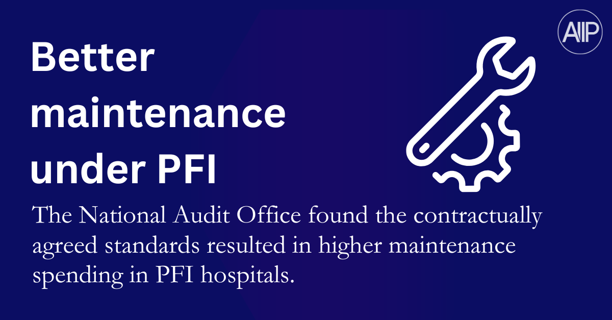 A graphic with the text 'Better maintenance under PFI' and a line drawing of a wrench and gear. The logo of the National Audit Office is in the top right corner.