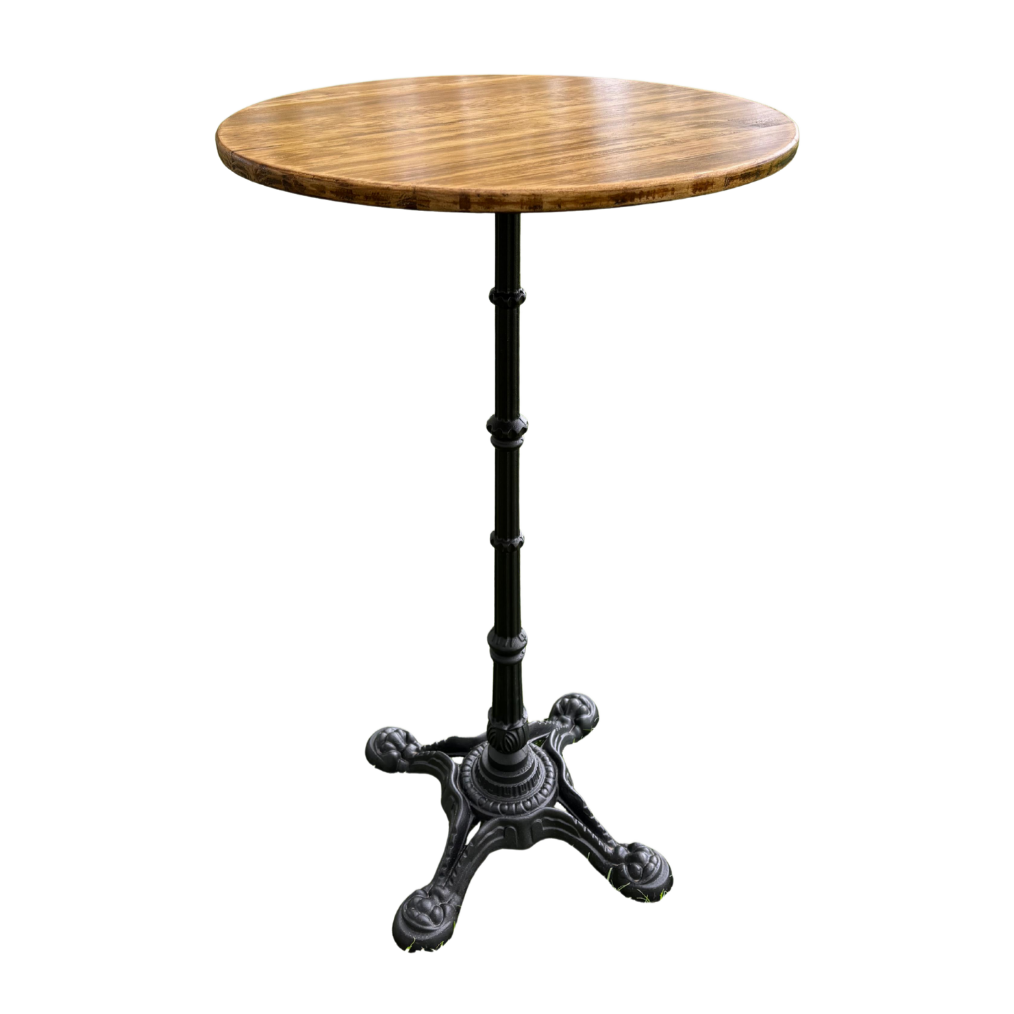 French bistro round cocktail table with wooden top for wedding and corporate event hire by Du Toit Events in Plettenberg Bay and the Garden Route