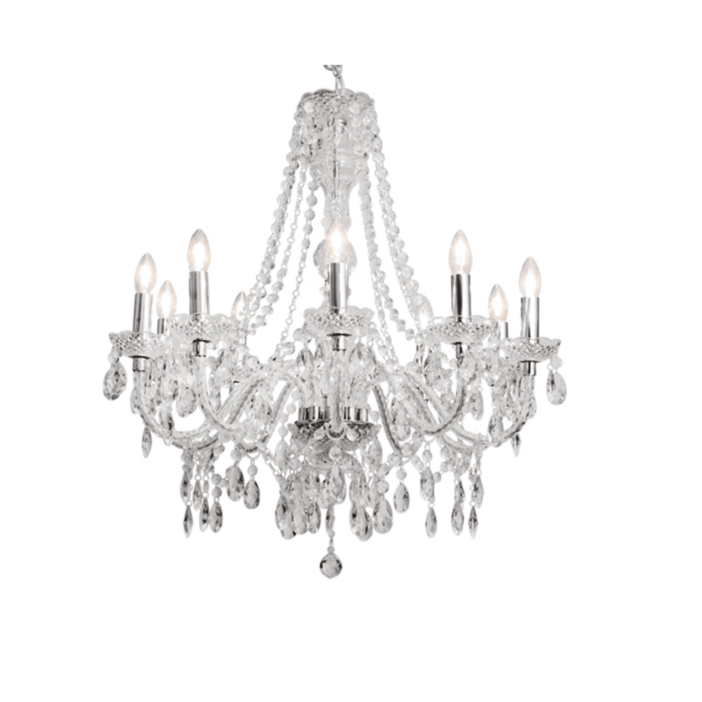 10-arm perspex chandelier for wedding and corporate event hire by Du Toit Events in Plettenberg Bay and the Garden Route