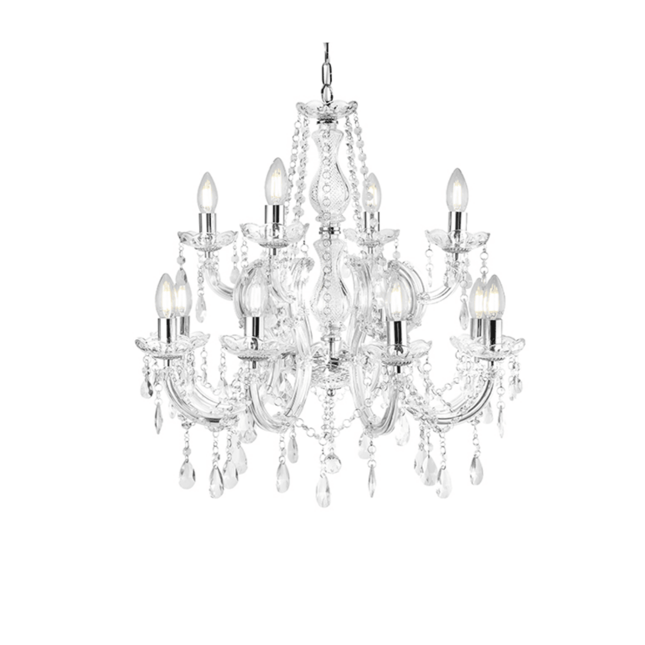 12-arm perspex chandelier for wedding and corporate event hire by Du Toit Events in Plettenberg Bay and the Garden Route