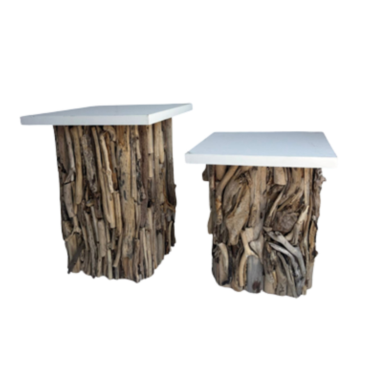 Driftwood side tables and stands for wedding and corporate event hire by Du Toit Events in Plettenberg Bay and the Garden Route