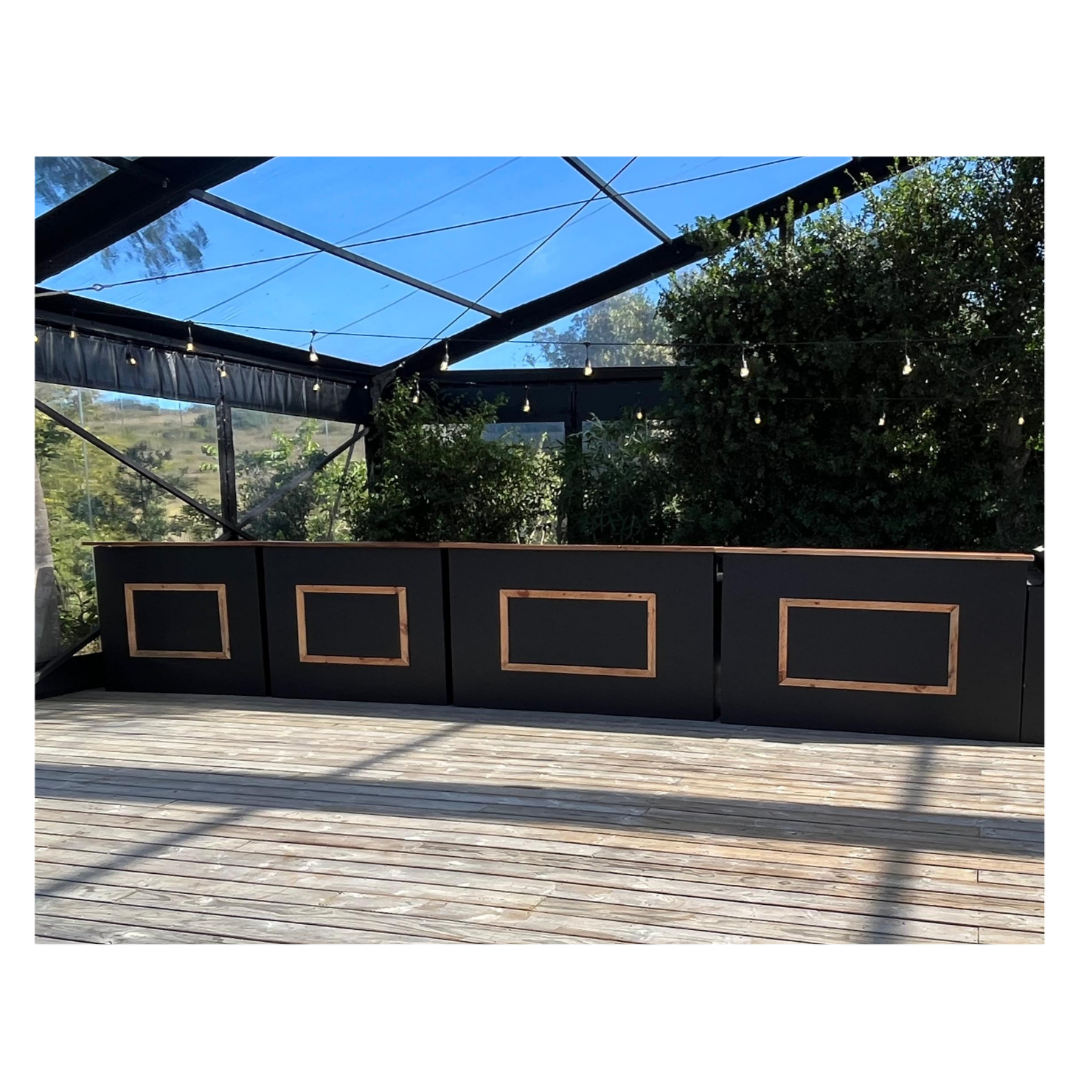 Black Custom modular bar counters in multiple sizes for wedding and corporate event hire by Du Toit Events in Plettenberg Bay and the Garden Route