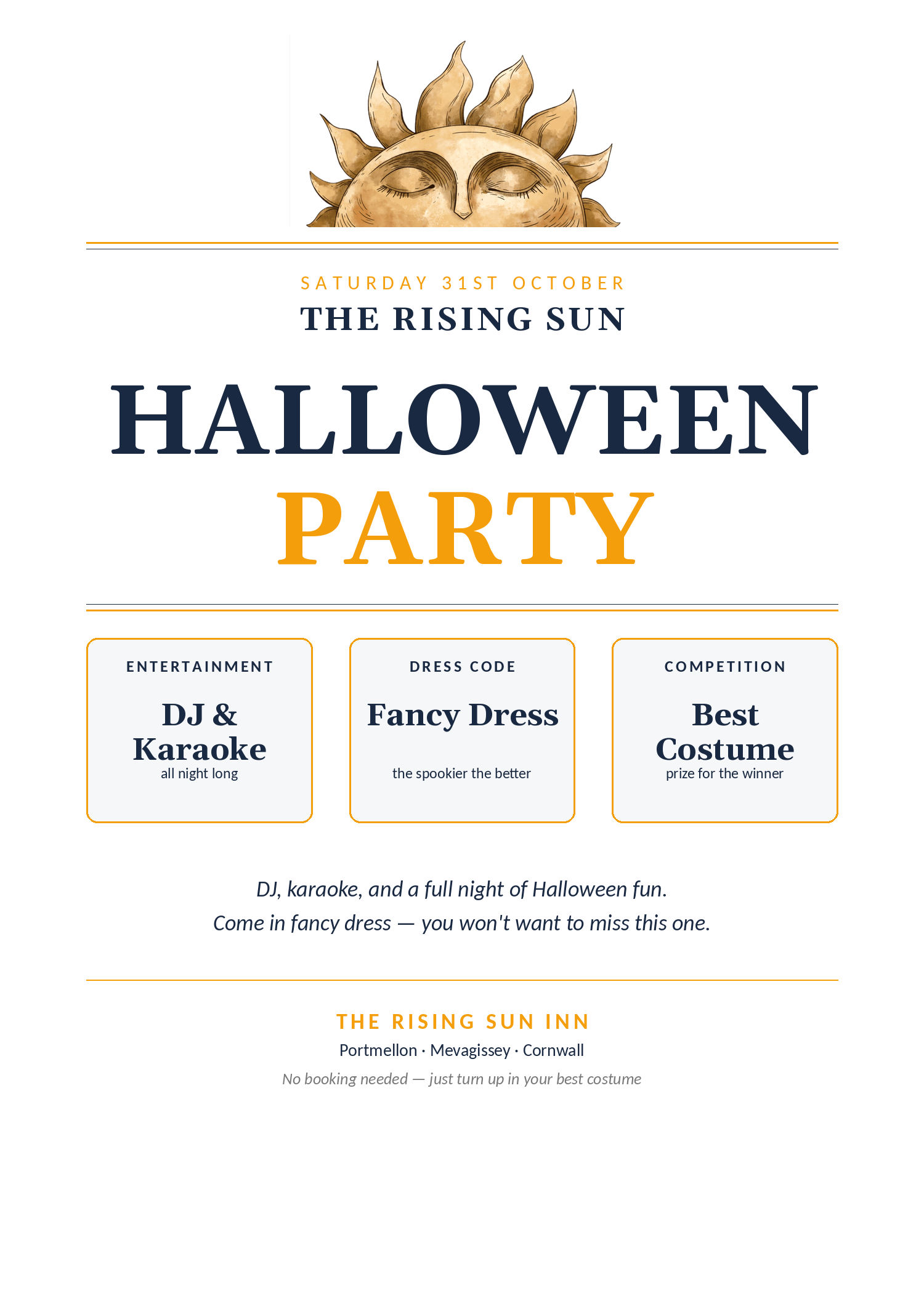 Halloween Party at The Rising Sun poster — Saturday 31st October, DJ and karaoke, fancy dress with a best costume competition, Portmellon, Cornwall