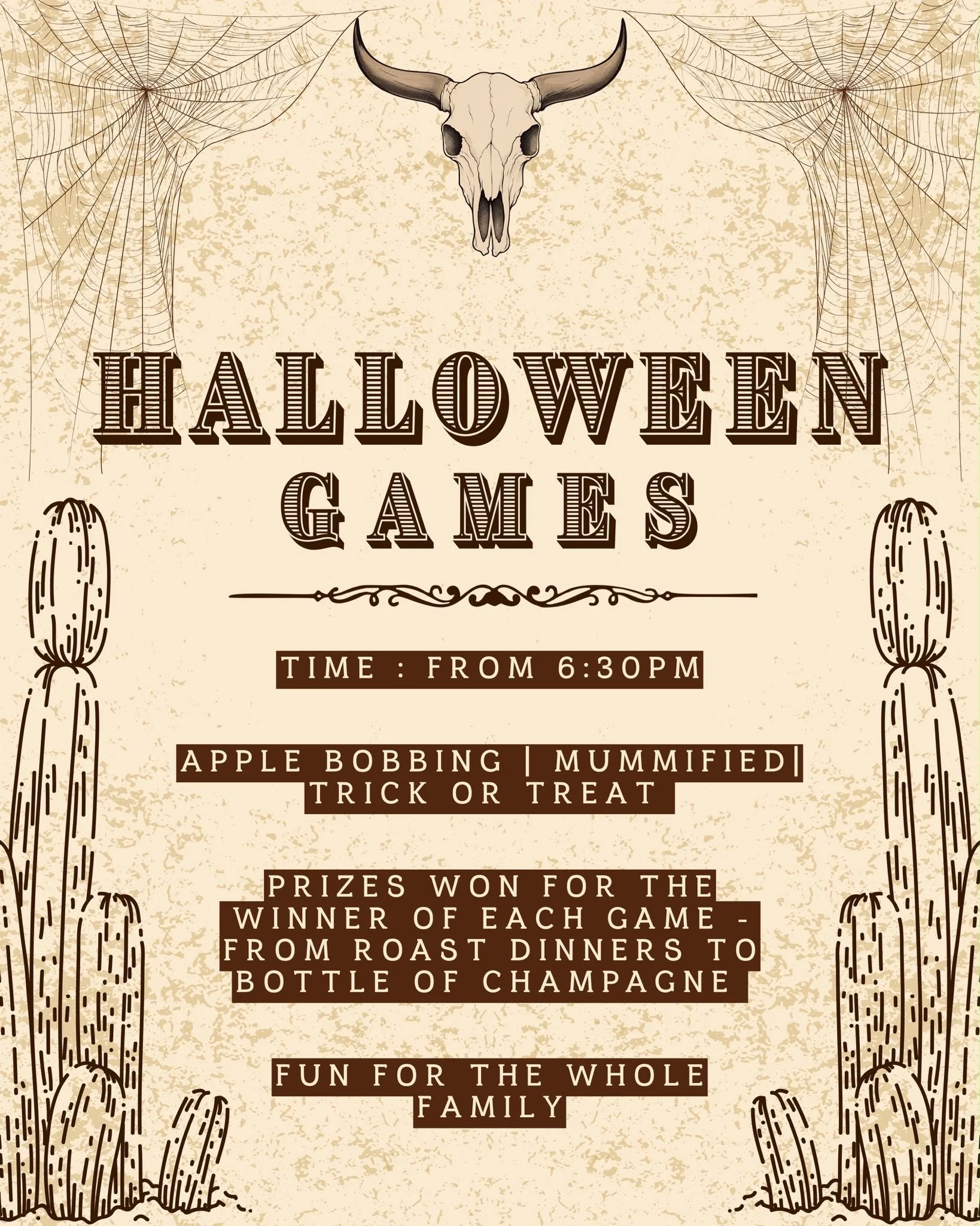 poster showing the full details of the halloween games at our dead westrn party