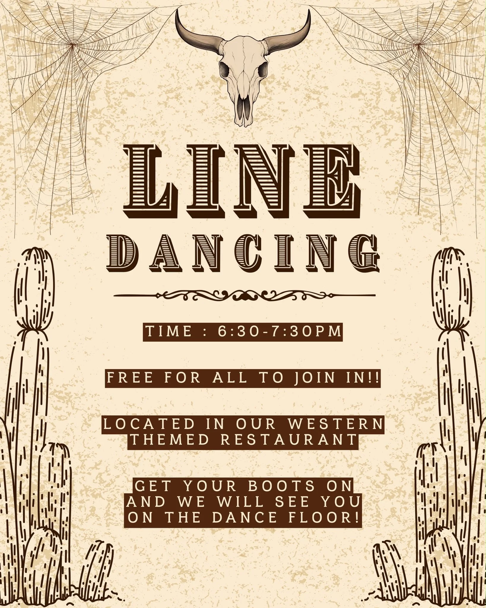 a poster showing the full details of line dancing at our dead western halloween party