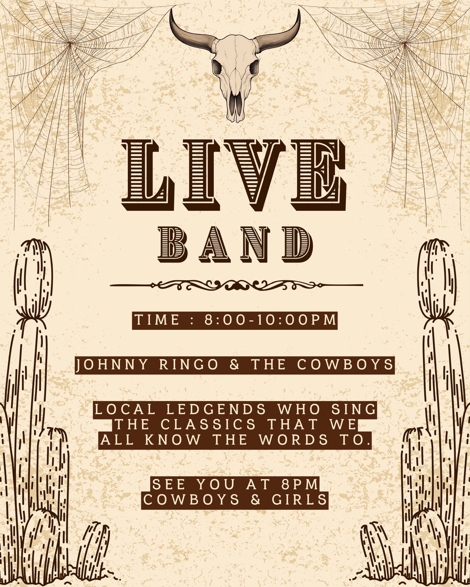 poster showing our full music line up with jonny ringo and the cowboys for our dead western party
