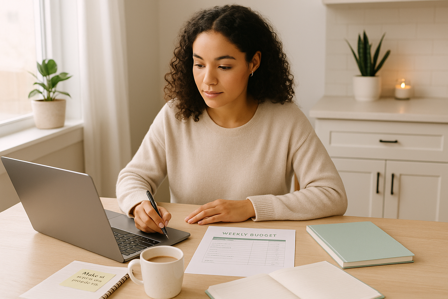 Millennial woman with ADHD reviewing weekly budget at home with planner, coffee mug, and soft lighting