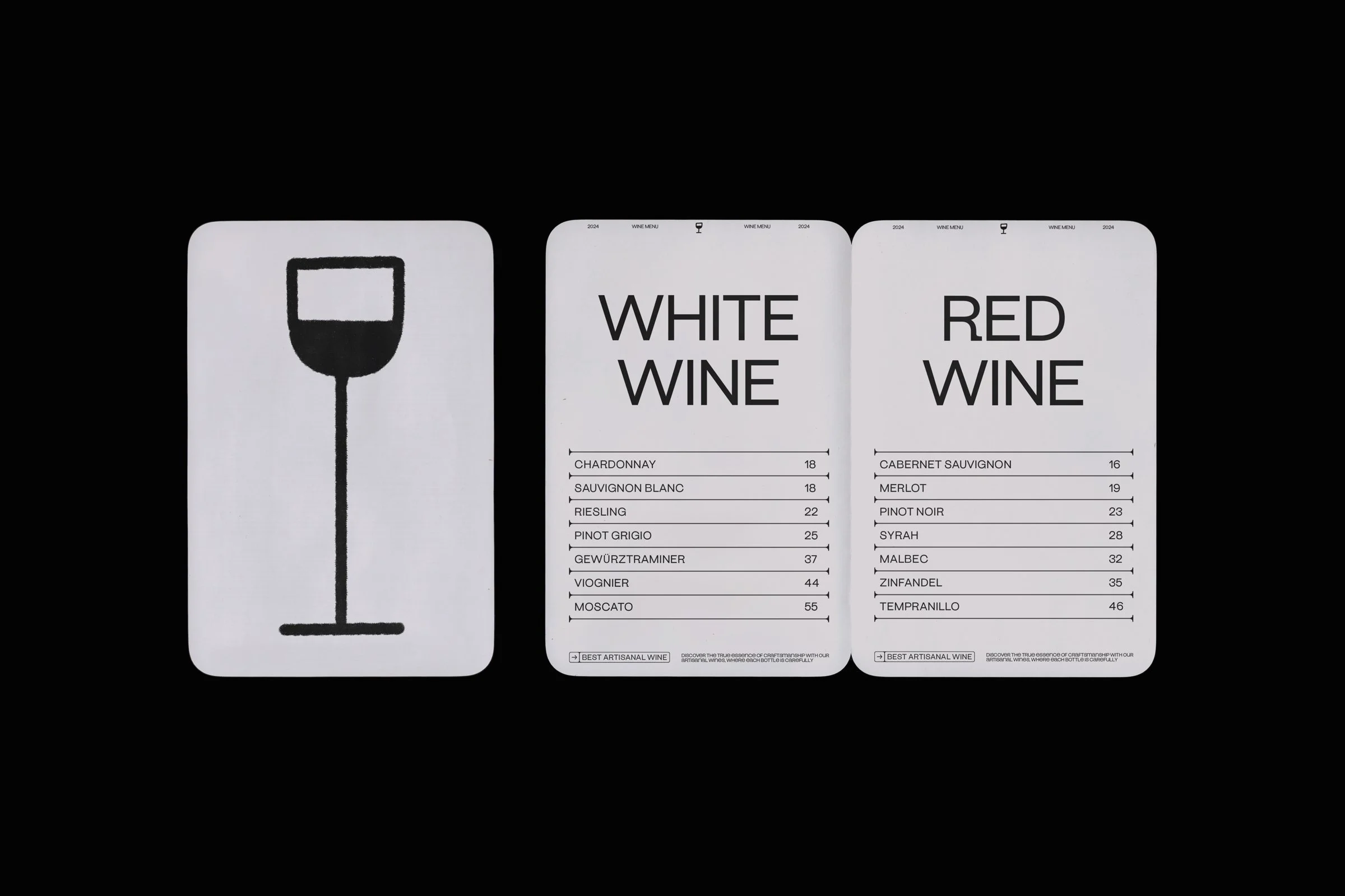 Menu de vins avec sections pour vin blanc et vin rouge, listant différents types de vins et leurs prix.