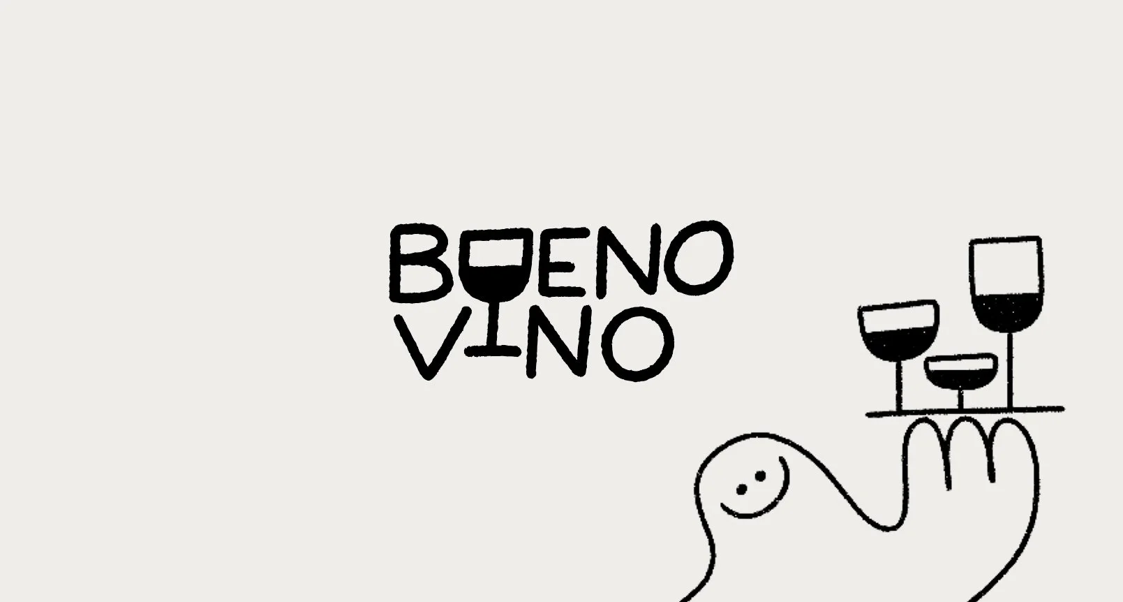 Une illustration minimaliste d'un verre de vin, accompagnée du mot 'bénéno' écrit en lettres noires, avec un dessin simple d'une main souriante portant trois verres de vin sur un plateau.