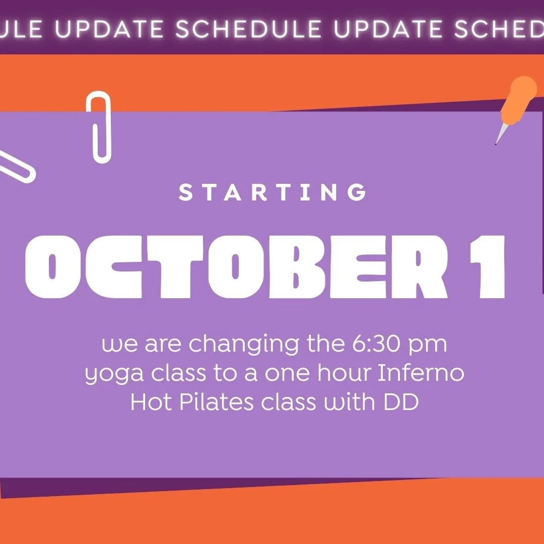 📌Make a Note 📌⁠
⁠
Starting NEXT WEEK, October 1st, our 6:30pm Yoga Class will now be a one hour Inferno Hot Pilates Class with DD! 🔥⁠
⁠
See you in the hot room! ⁠
⁠
#yoga #bikramyoga #bikramyogaatlanta #hotyogaatlanta #hotyoga #behotbehappy #medit