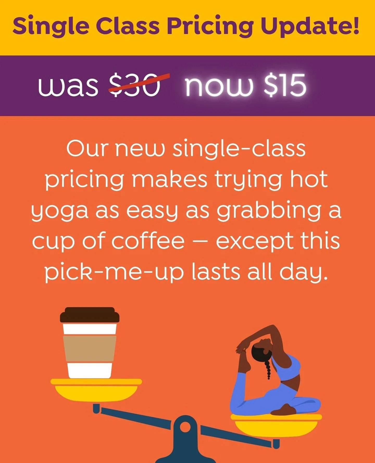 Who doesn't love good news on a Monday? 🙌🏽⁠
⁠
Our single classes are now only $15!!!💸 It's better than a cuppa' coffee though we can't say you won't get addicted once you experience the magic of the hot room! 🔥⁠
⁠
#yoga #bikramyoga #bikramyogaatl
