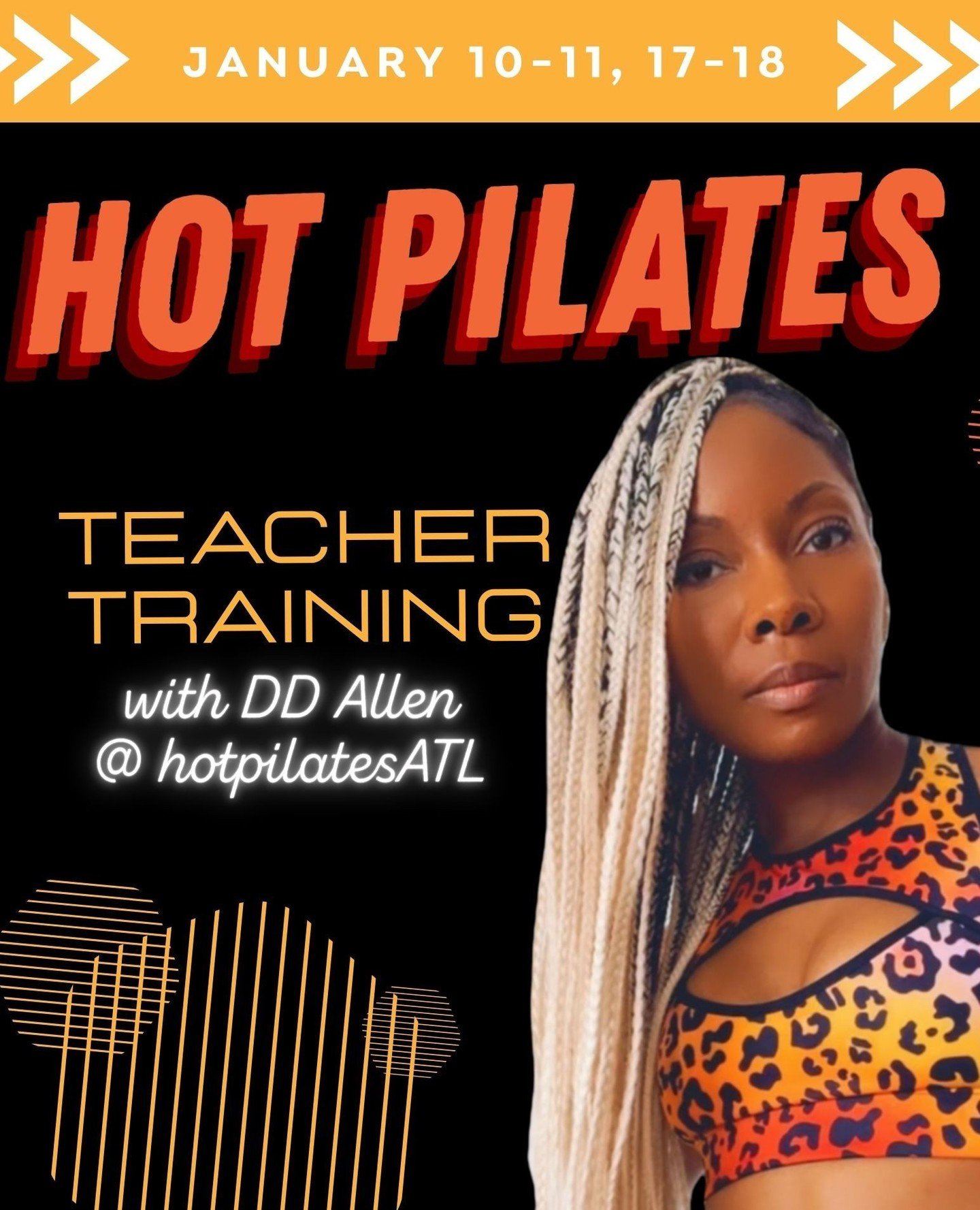 Join @hotpilatesatl (DD Allen) for Hot Pilates Teacher Training in January! 🔥⁠
⁠
Sign up on our website! ✍️⁠
⁠
In this training you will learn:⁠
⁠
✅How to teach a 60 minute high intensity interval training class with pilates moves and principles tha
