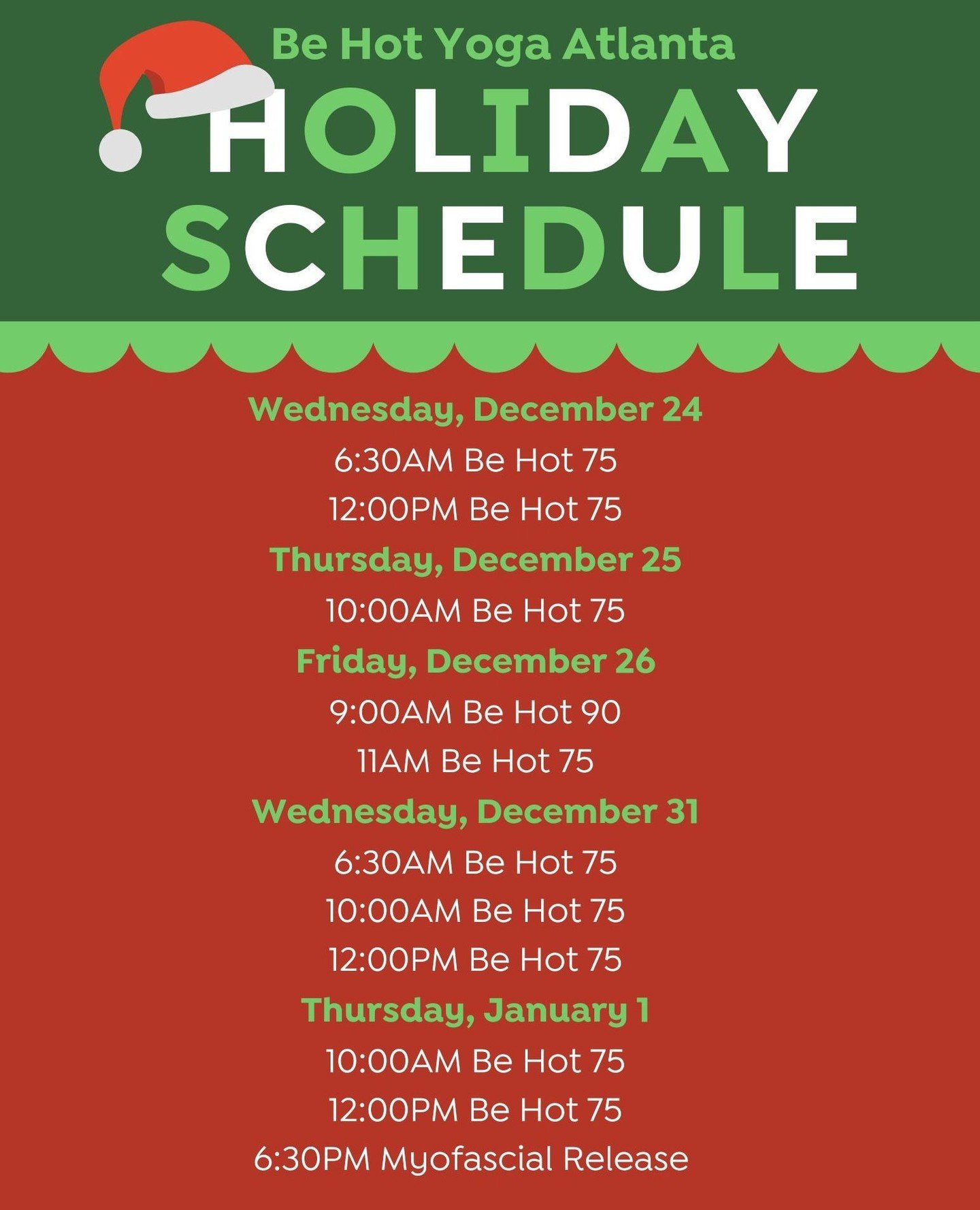 Happy Holidays, Yogis! Please remember we have updates to our schedule for next few days and, again, around the new year! 🎄⁠
⁠
#yoga #bikramyoga #bikramyogaatlanta #hotyogaatlanta #hotyoga #behotbehappy #meditation #mindfulness #BeltLineAtlanta #bik