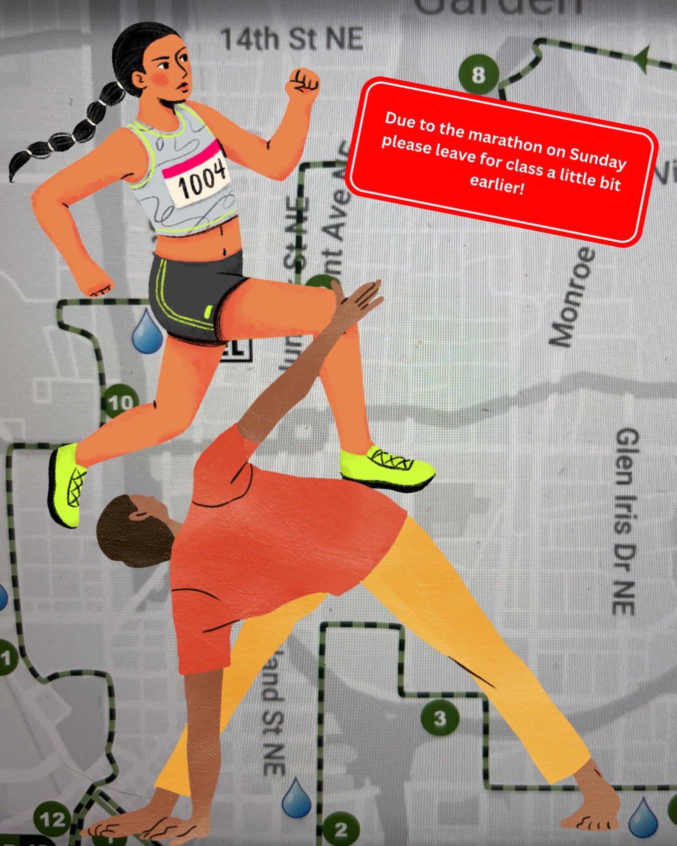 Hi friends! Just a reminder to plan ahead for Sunday classes! There will be a marathon taking place around the studio 🏃🏽&zwj;♀️