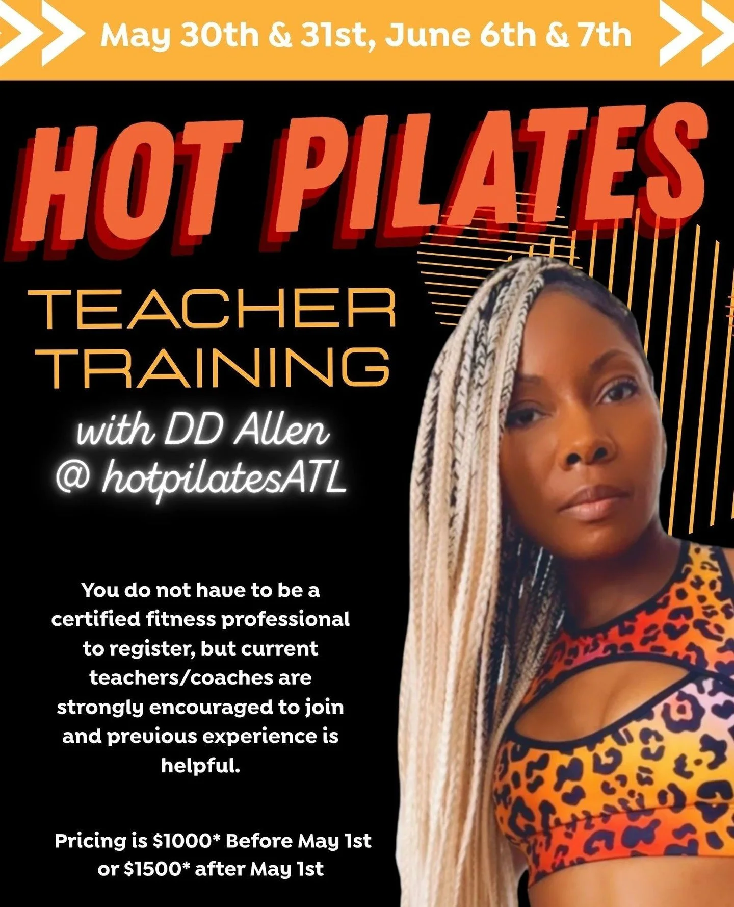 Interested in becoming a Hot Pilates Instructor?⁠
Sign up for Teacher training with DD Allen, @hotpilatesatl this summer! ⁠
⁠
You will learn:⁠
⏰ How to teach a 60 minute high intensity interval training class with pilates moves and principles that is