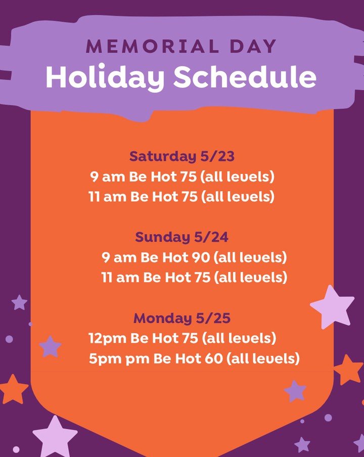 The holiday weekend is upon us and we have a few updates to our regular schedule. Make sure to sign up and secure your spot in the hot room! We hope you have a safe and happy holiday weekend.⁠
⁠
#yoga #bikramyoga #bikramyogaatlanta #hotyogaatlanta #h