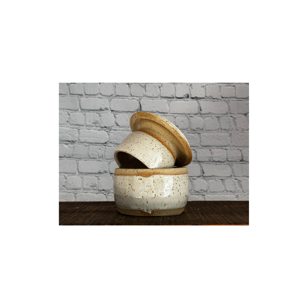 White speckled butter crock