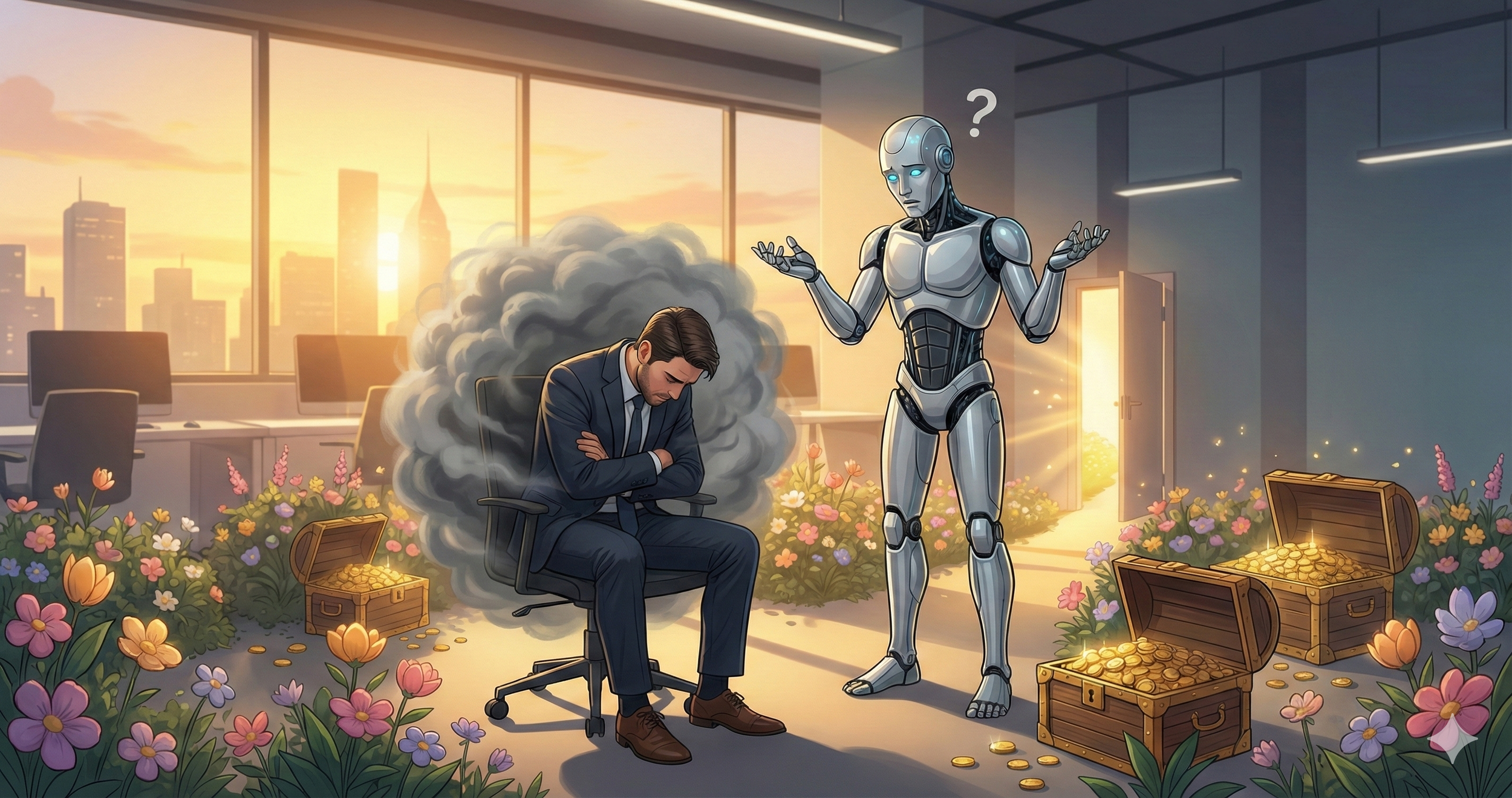 An AI looking at a gloomy huma surrounded by abundance and possibility