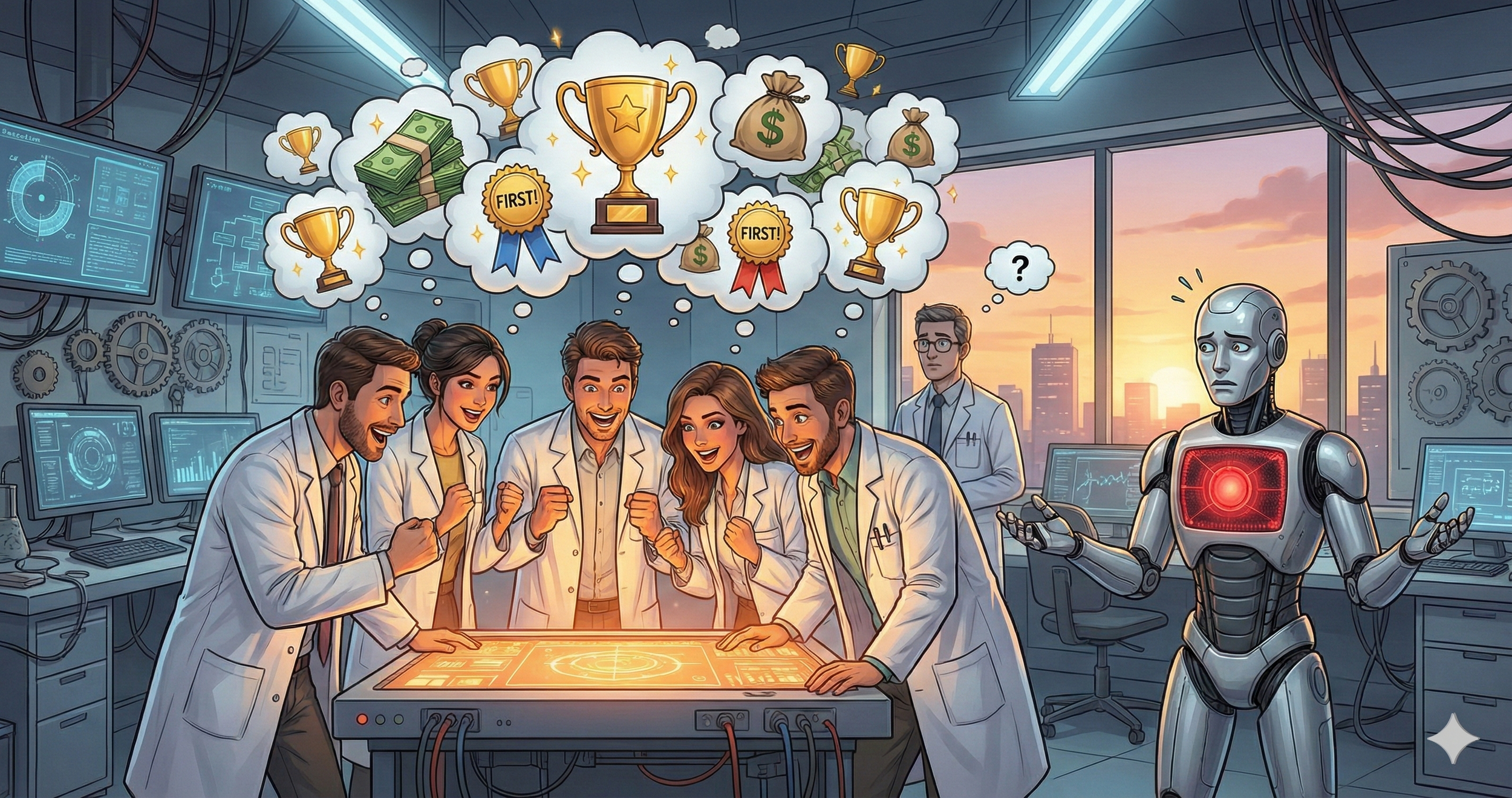 Scientists excited over superintelligent Ai with no controls wile a single AI watches- worried and distressed.