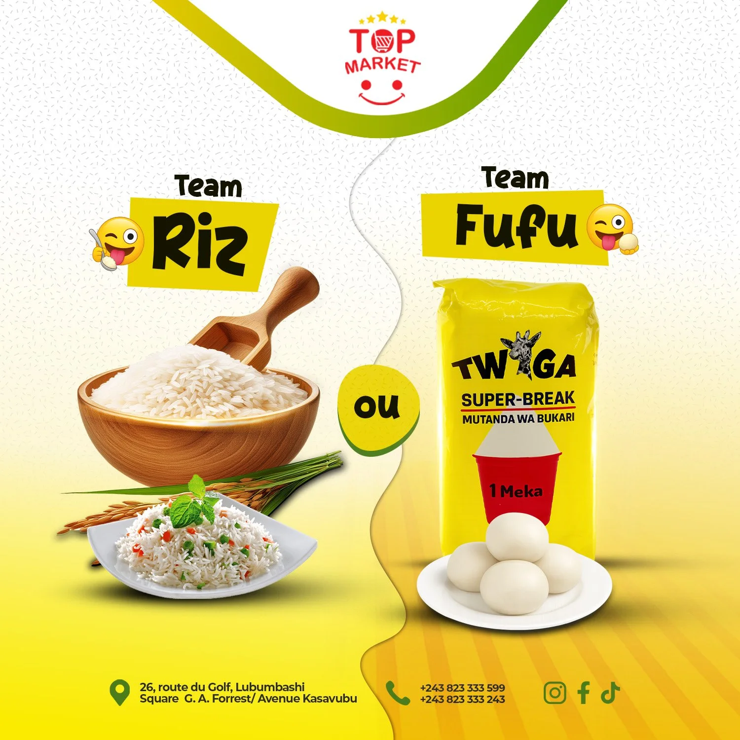 👀 On veut conna&icirc;tre votre camp !
Vous faites partie de la Team Riz 🍚 ou de la Team Fufu 🍽️ ?

Chez Top Market, les deux sont gagnants quand la qualit&eacute; est au rendez-vous. 🛒 Passez faire votre plein.

📍 26, route du Golf | Square G. 