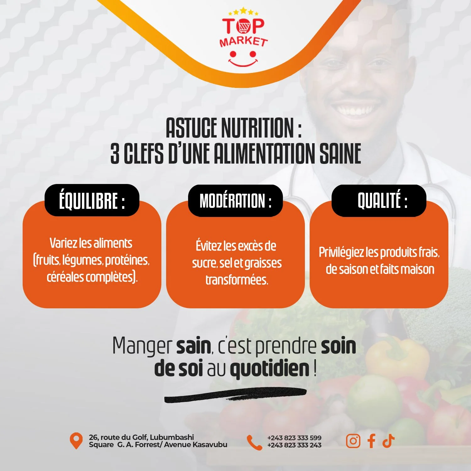 💬 Team Healthy, on veut savoir : quel ton secret pour manger sain au quotidien ?

Parce que se faire du bien, c&rsquo;est aussi prendre soin de soi, nous, on avons 3 secrets : &Eacute;quilibre, Mod&eacute;ration, Qualit&eacute;.

🍇 Chez Top Market,