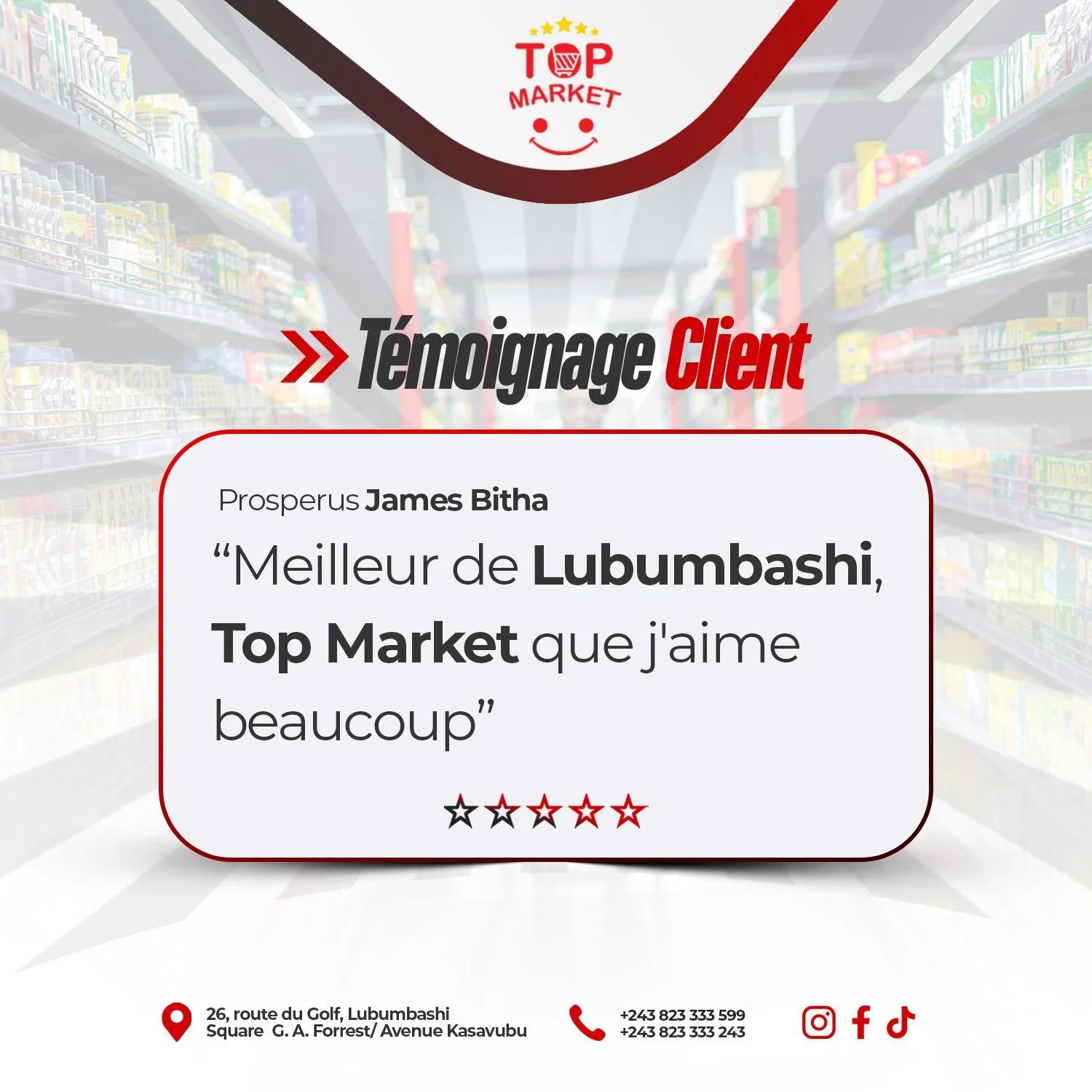 🥇 Rien ne vaut un client satisfait ! Un grand merci &agrave; Prosperus James Bitha pour ce t&eacute;moignage qui nous touche droit au c&oelig;ur et confirme notre engagement pour l'excellence.

Chez TOP MARKET, on ne vend pas juste des produits, on 
