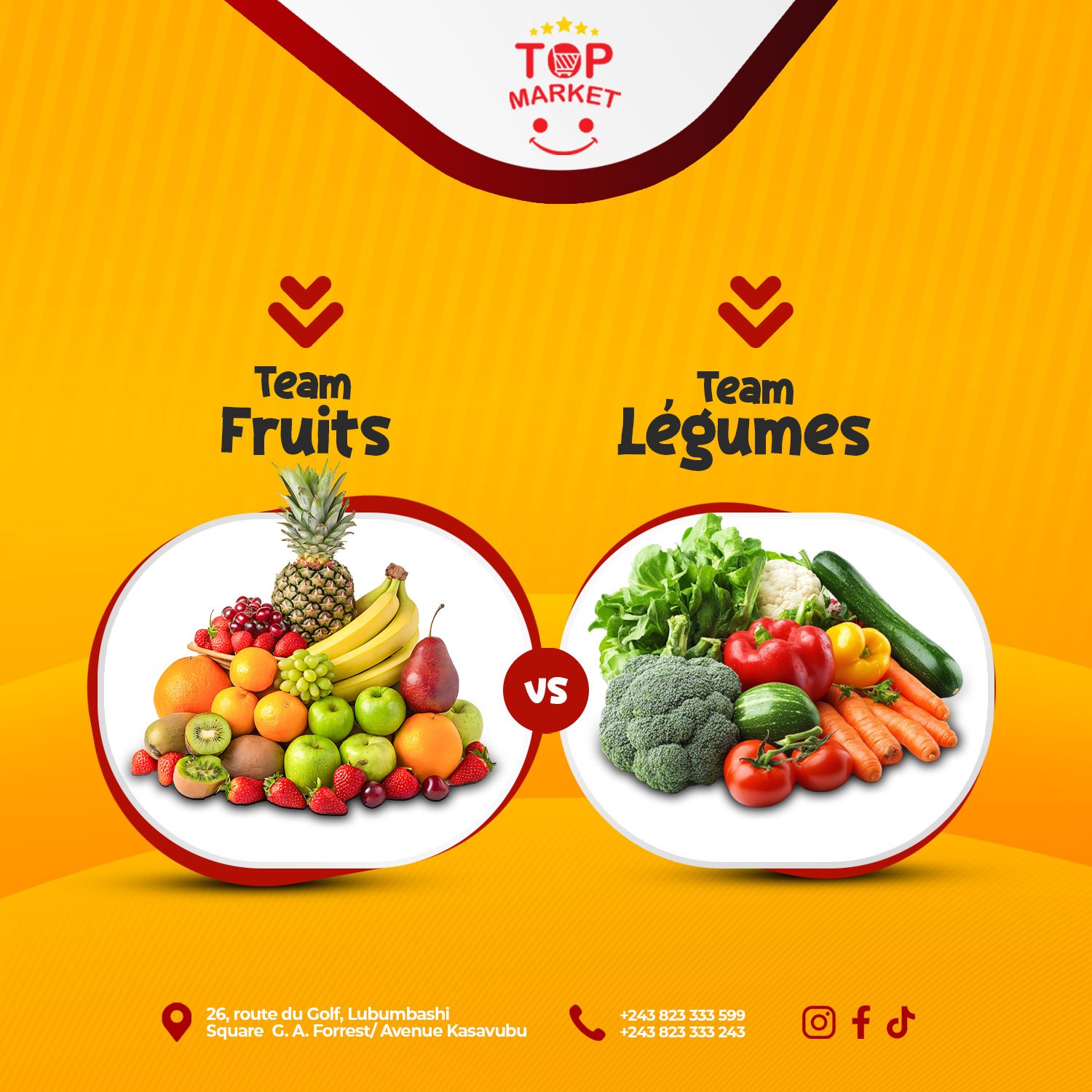 Vous &ecirc;tes plut&ocirc;t Team Fruits ou Teams L&eacute;gumes lorsque vous faites vos achats chez Top Market ?

Chez Top Market, nous ne faisons pas de compromis : nous s&eacute;lectionnons uniquement le meilleur pour vous offrir une exp&eacute;ri