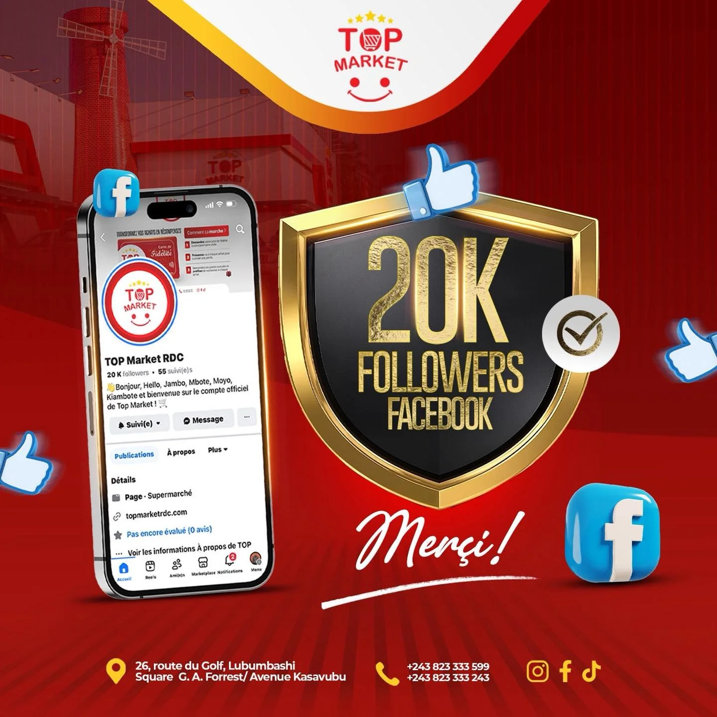 🥳 Merci d&rsquo;&ecirc;tre d&eacute;sormais plus de 20.000 abonn&eacute;s &agrave; nous suivre sur Facebook📱.

Invitez votre entourage &agrave; s&rsquo;abonner massivement 👌🏾.

#TopMarket #RDC #Katanga