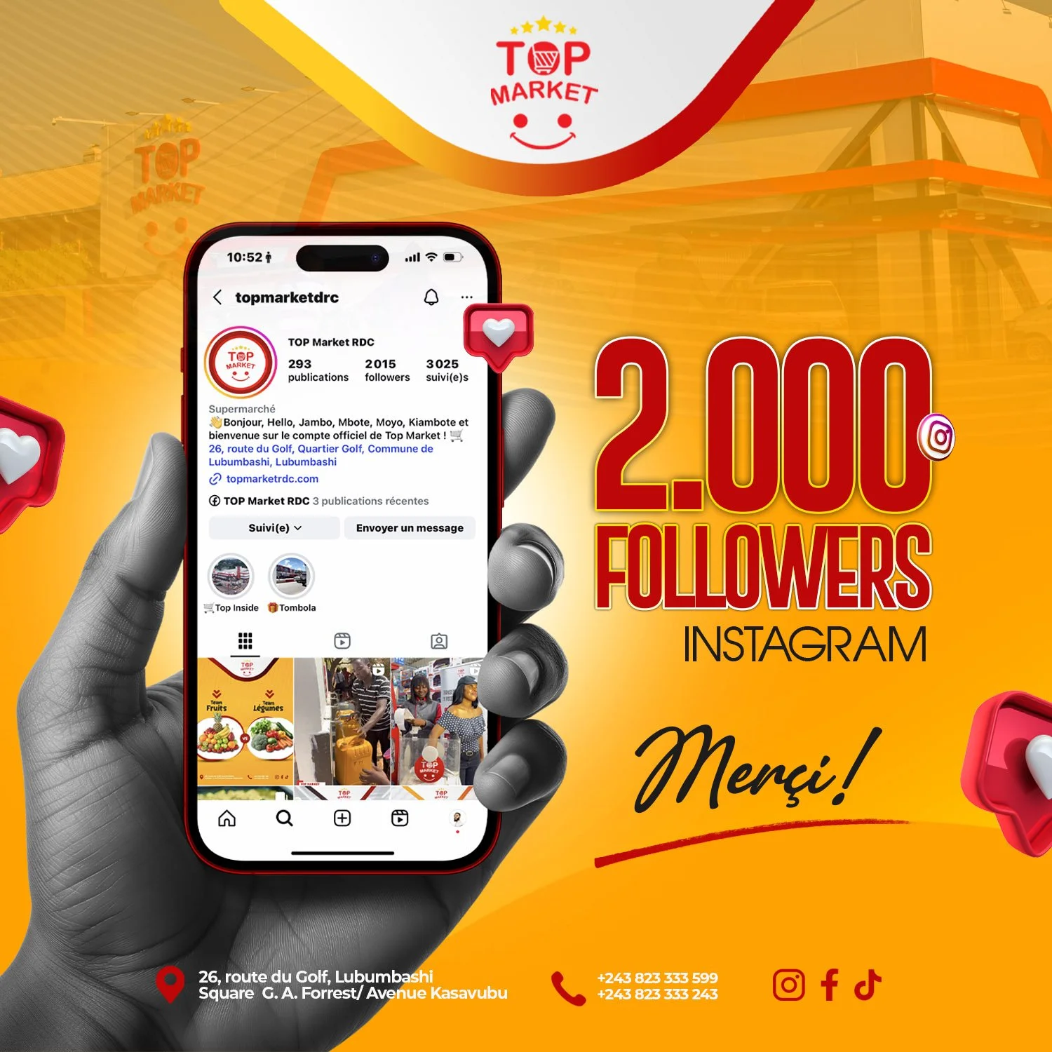 ✨ Une communaut&eacute; qui grandit, une exp&eacute;rience qui s&rsquo;&eacute;l&egrave;ve.

Vous &ecirc;tes d&eacute;sormais plus de 2.000 abonn&eacute;s &agrave; faire partie de l&rsquo;aventure Top Market sur INSTAGRAM.🛍️

Merci pour votre confia