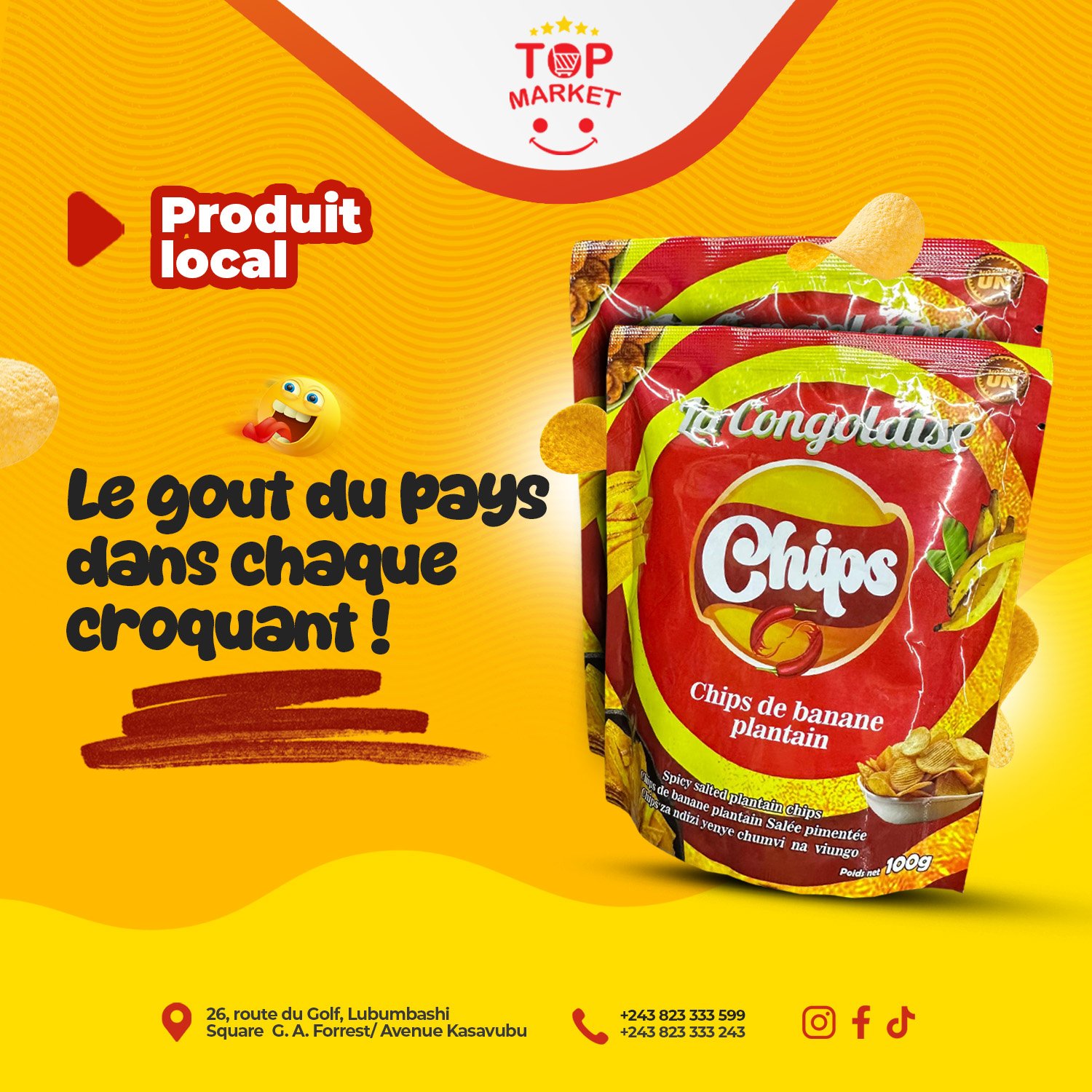 🔻𝐏𝐫𝐨𝐝𝐮𝐢𝐭 𝐋𝐨𝐜𝐚𝐥

Le vrai go&ucirc;t congolais, dans chaque croquant.

D&eacute;couvrez les chips de banane plantain &ldquo;La Congolaise&rdquo;, fi&egrave;rement produites au pays et disponibles dans vos rayons Top Market 🍌🇨🇩

Soutenon