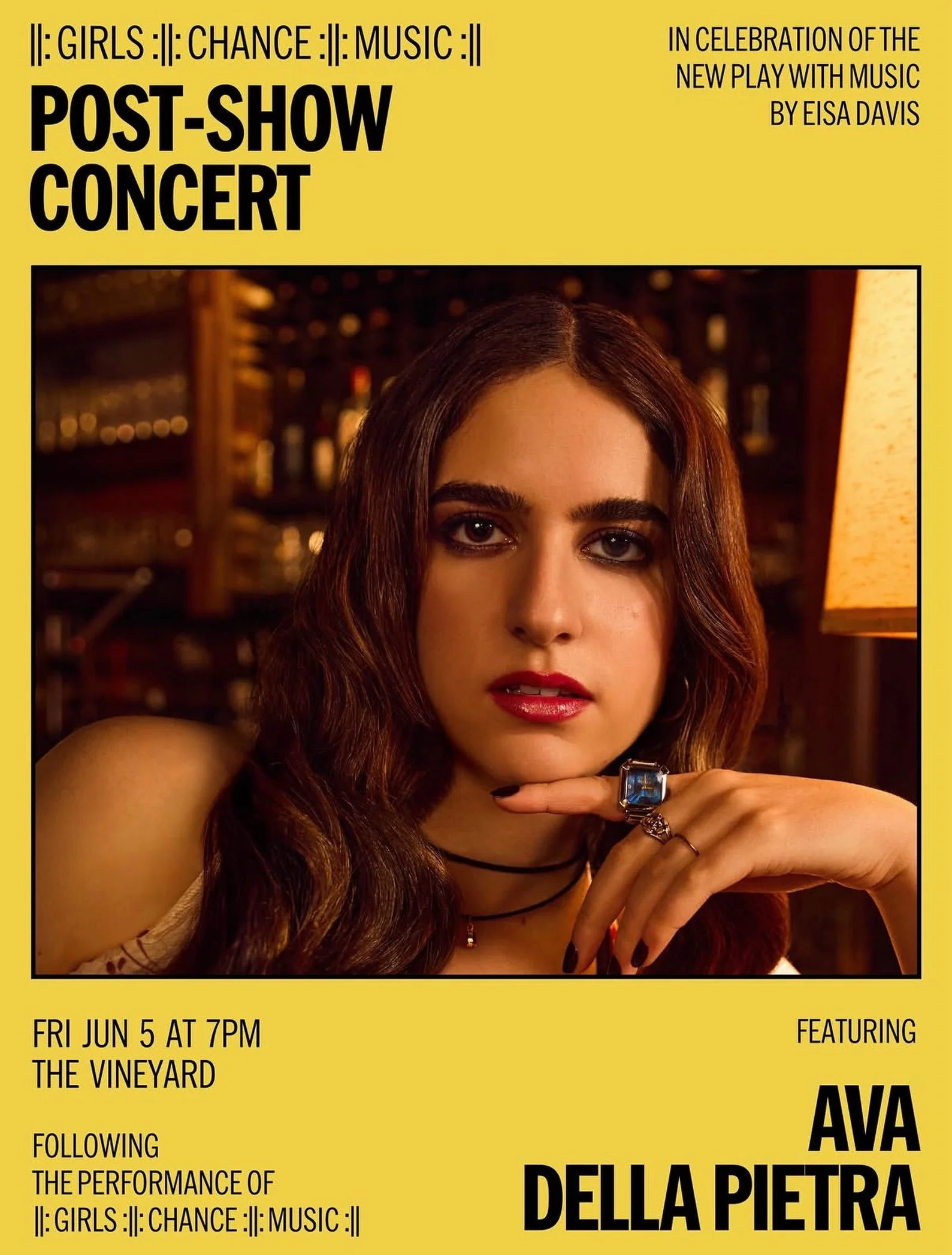 nyc friends! this friday (june 5th) im playing the post-show concert series for ||: GIRLS :||: CHANCE :||: MUSIC :|| at @vineyardtheatre ❤️ use my code AVAGCM at checkout for 20% off your ticket to the show &amp; stay to see me perform after!!!

*You