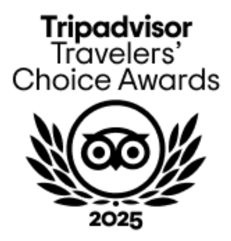 Logo des TripAdvisor Traveler's Choice Awards 2025, avec une chouette stylisée entourée de branches