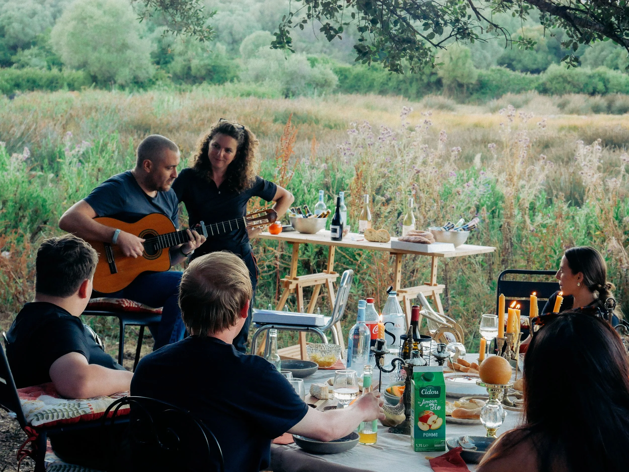 Groupe de personnes lors d'un pique-nique en plein air avec un repas sur la table, des boissons et de la musique, sous un arbre dans un environnement naturel