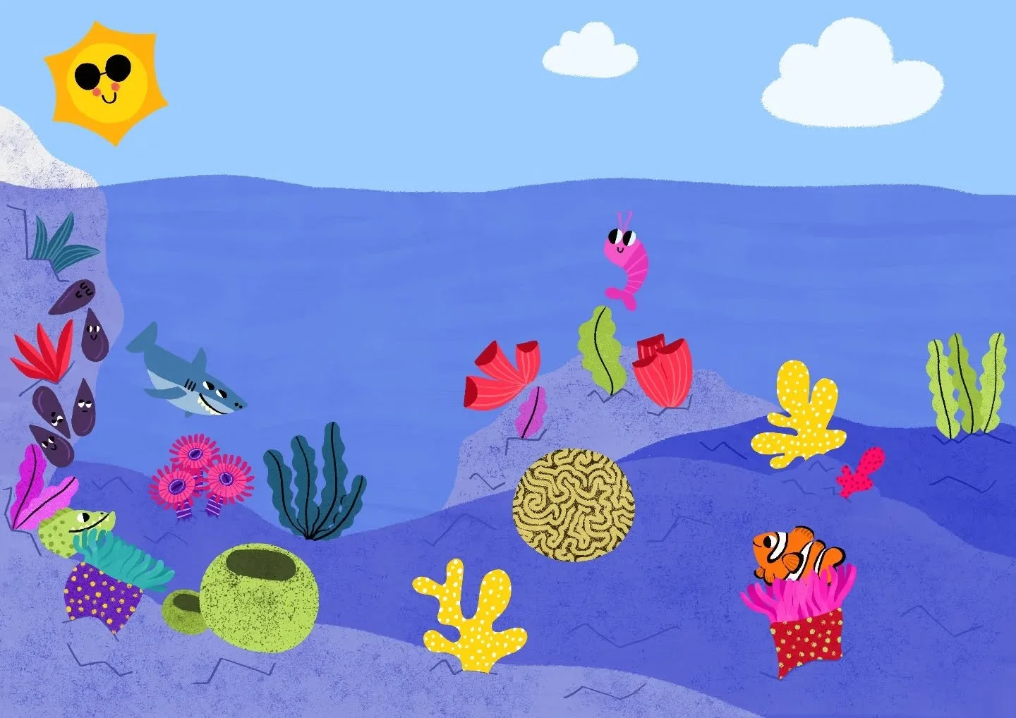 Voici une nouvelle illustration pour mon portfolio!
J'aimerais tellement travailler sur un projet de stickers repositionnables! Avis aux &eacute;diteurs! 😎

#illustrationjeunesse #illustration #portfolio #book #ocean #poisson #coraux #corals #adeled