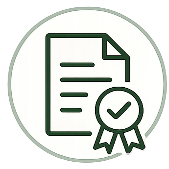 Icon of a document with a checkmark medal, symbolizing certification or approval.