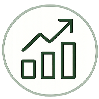 A line graph with an upward trend and three bar charts in green inside a circular border.