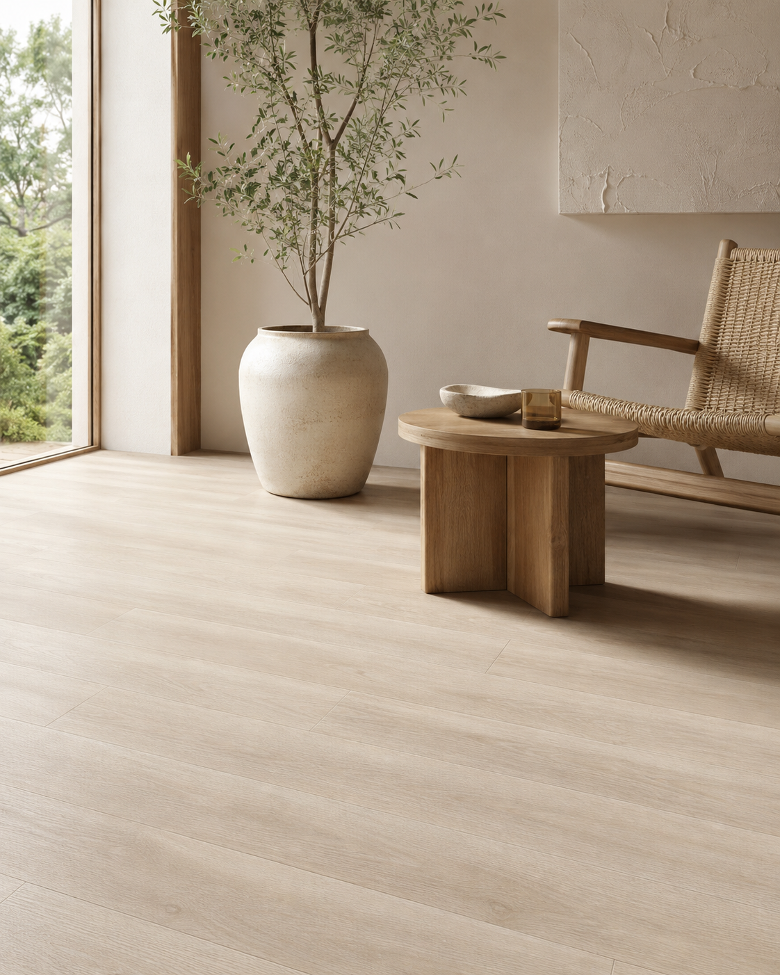 Minimalist interior showcasing eco-friendly, PVC-free PP (polypropylene) flooring. The sustainable space includes a large potted tree, a rattan chair, a carved wooden side table, and a large window looking out to greenery.
