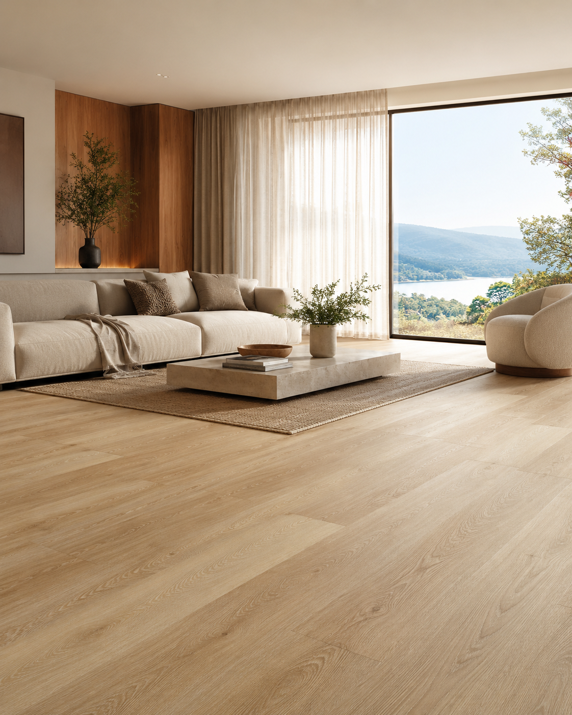 Modern living room featuring light-colored luxury vinyl plank flooring that mimics natural wood. The space includes a beige sofa, cream armchair, wooden accent wall, and a large window overlooking a scenic lake and hills.