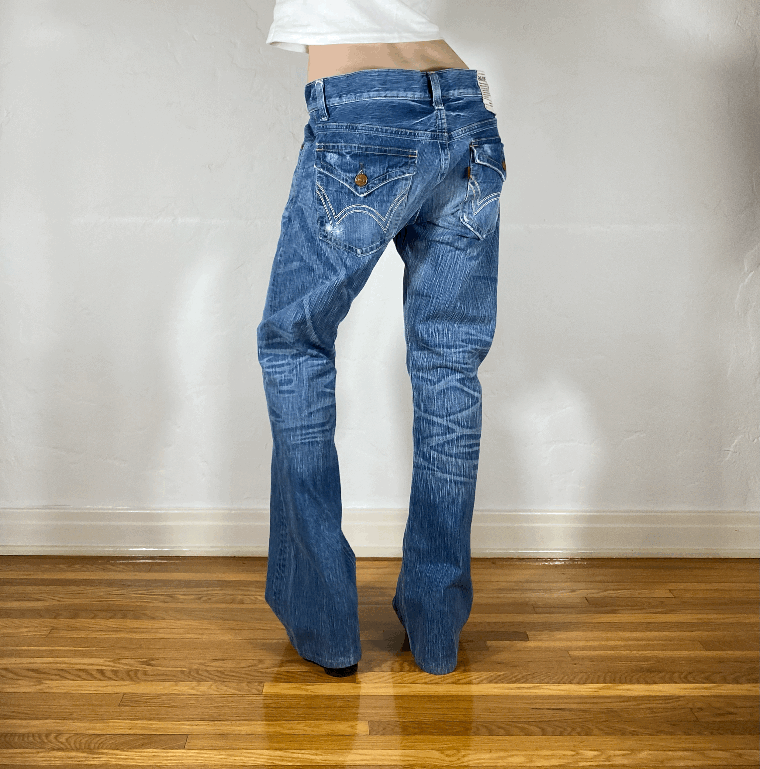 Edwin Distressed Blue Flare Jeans, L/XL